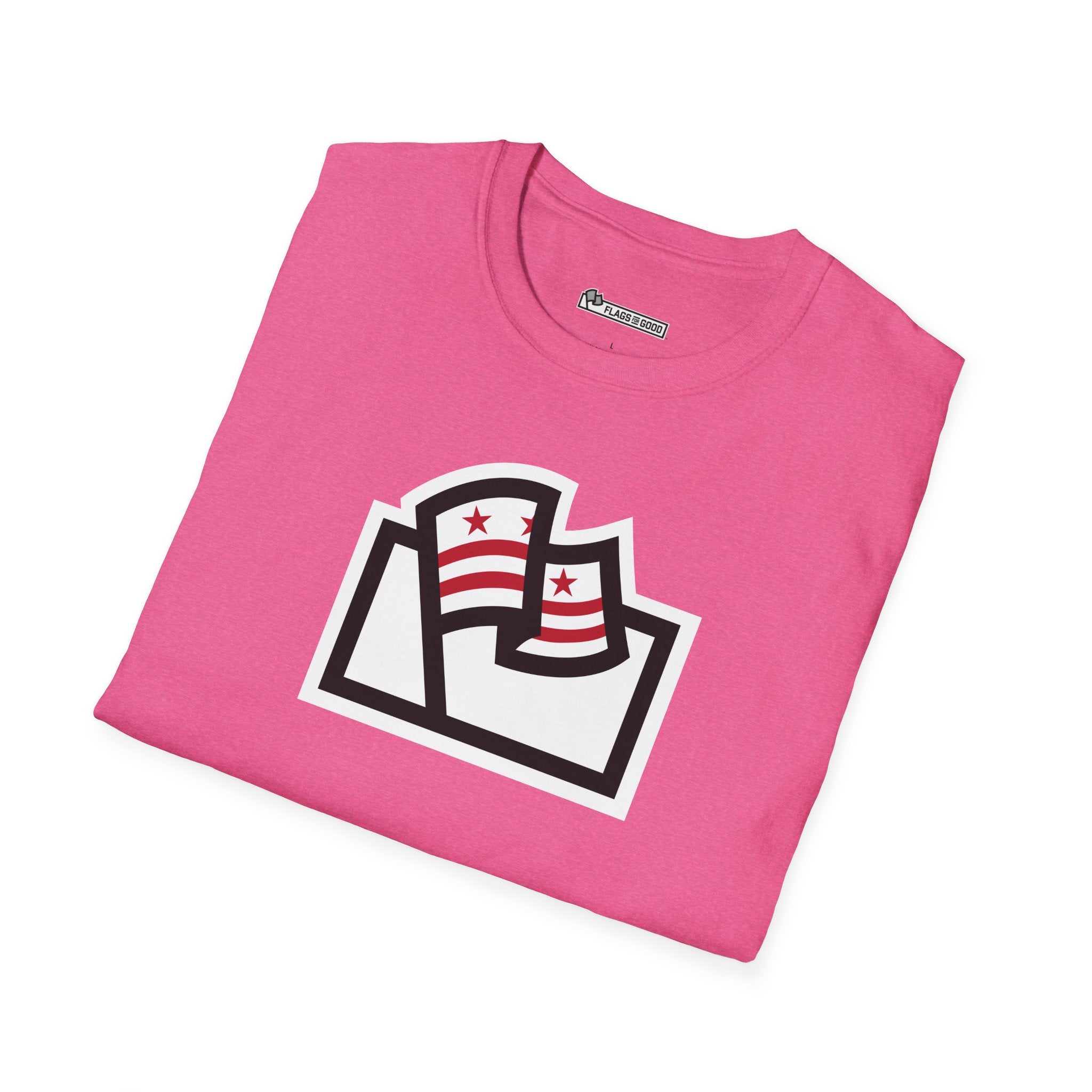 pink shirt with Washington DC flag inside the Flags For Good logo