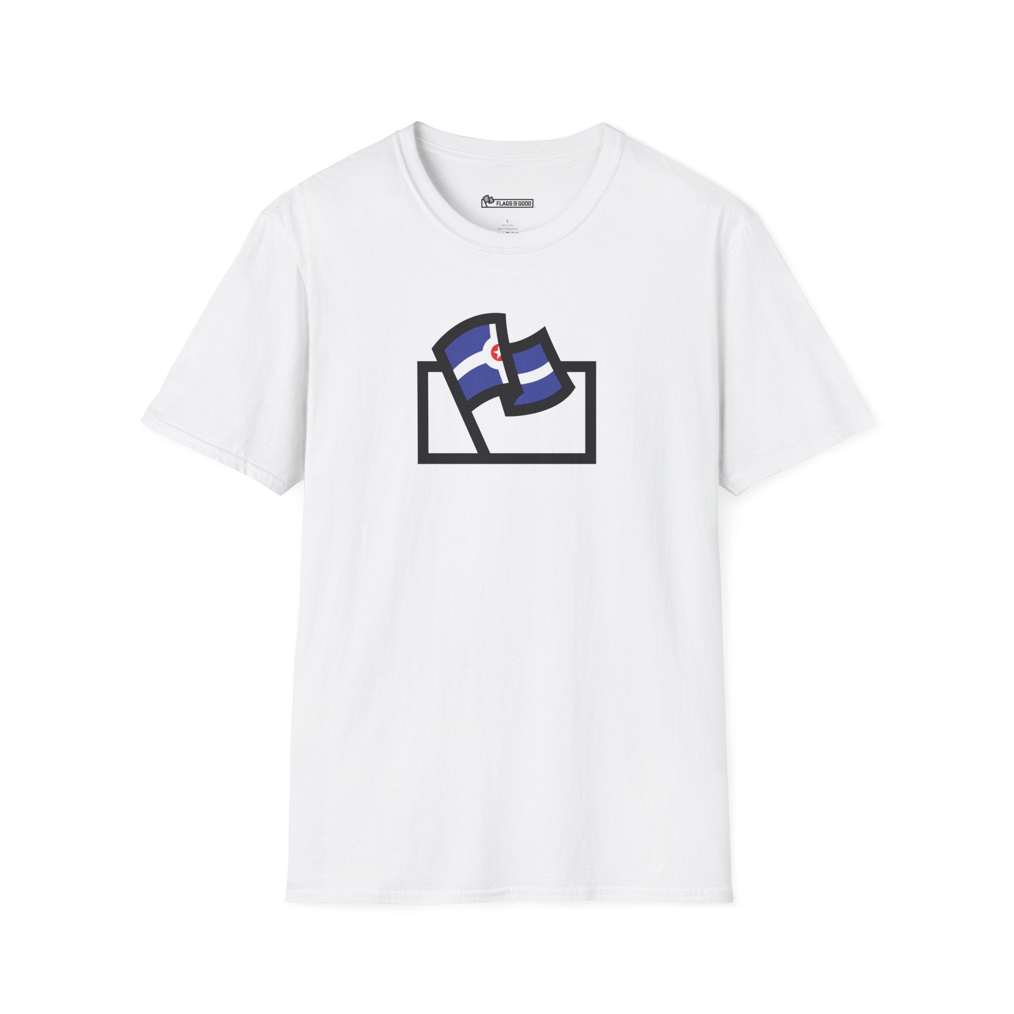 white shirt with Indianapolis flag inside the Flags For Good logo