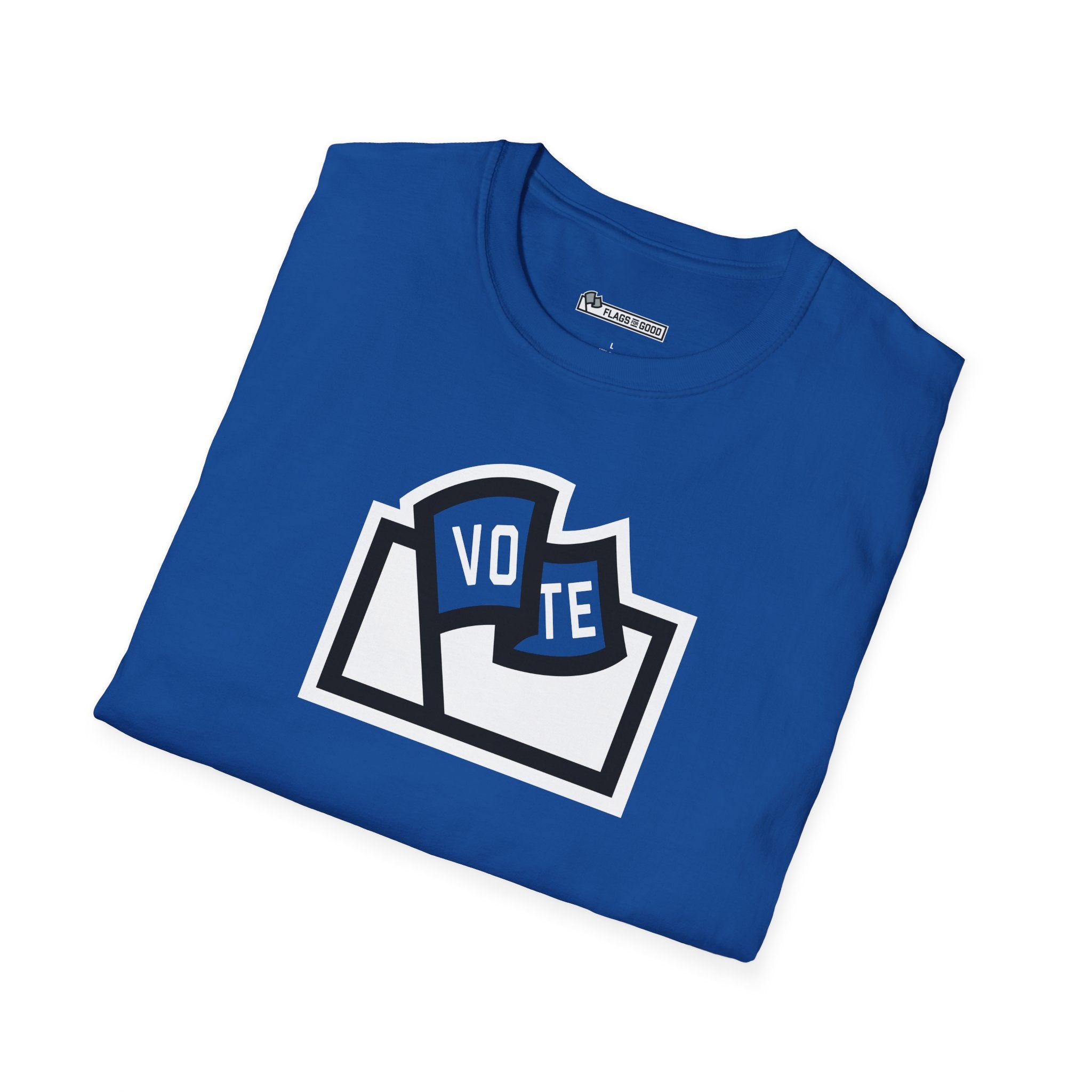 Flags For Good logo with "VOTE" inside on a blue shirt