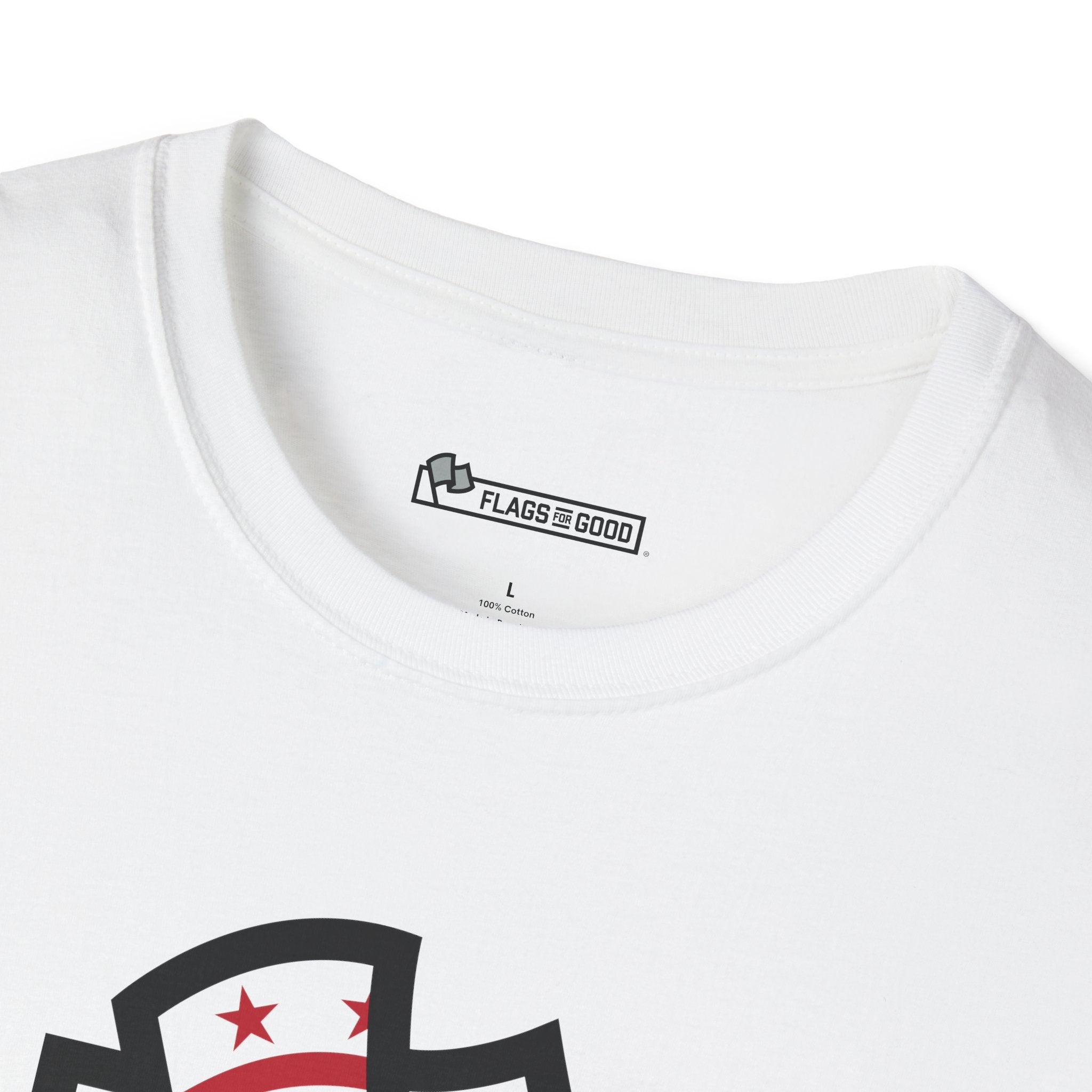 Flags For Good logo inside of an white shirt