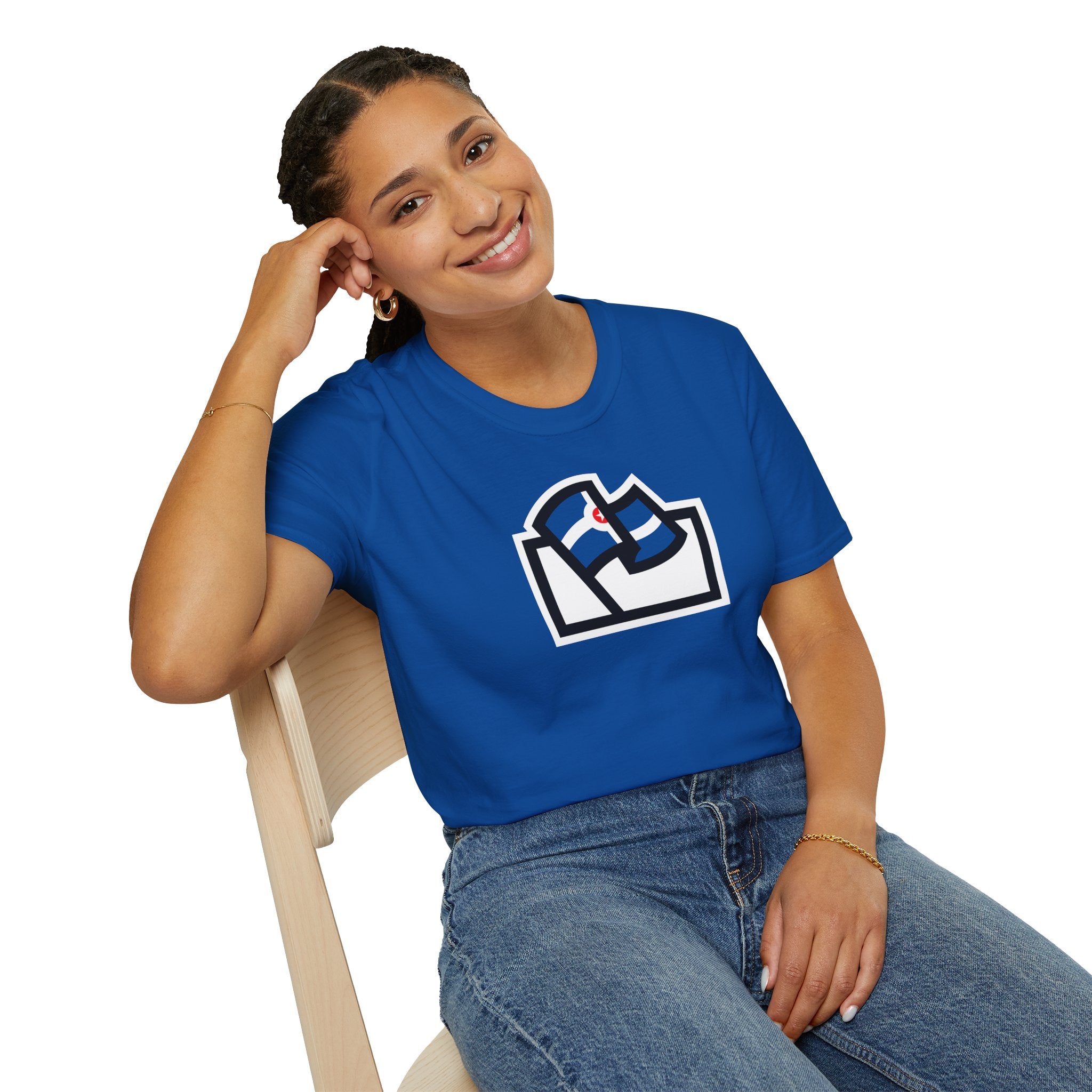 blue shirt with Indianapolis flag inside the Flags For Good logo being worn by a woman sitting