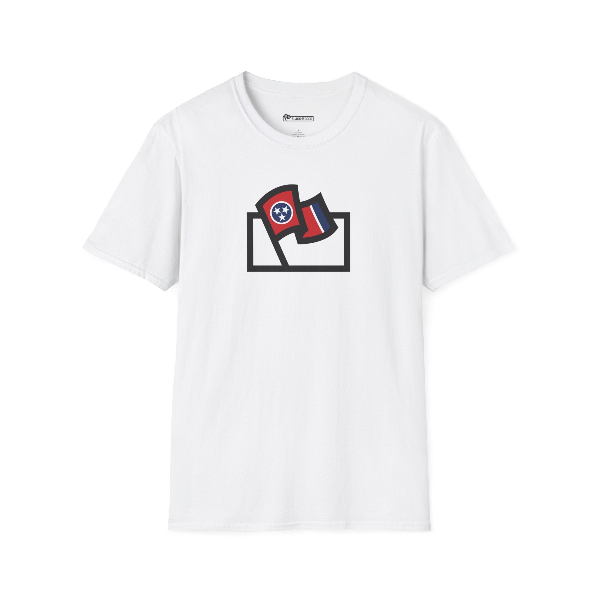 Flags For Good logo with a Tennessee flag inside on a white shirt