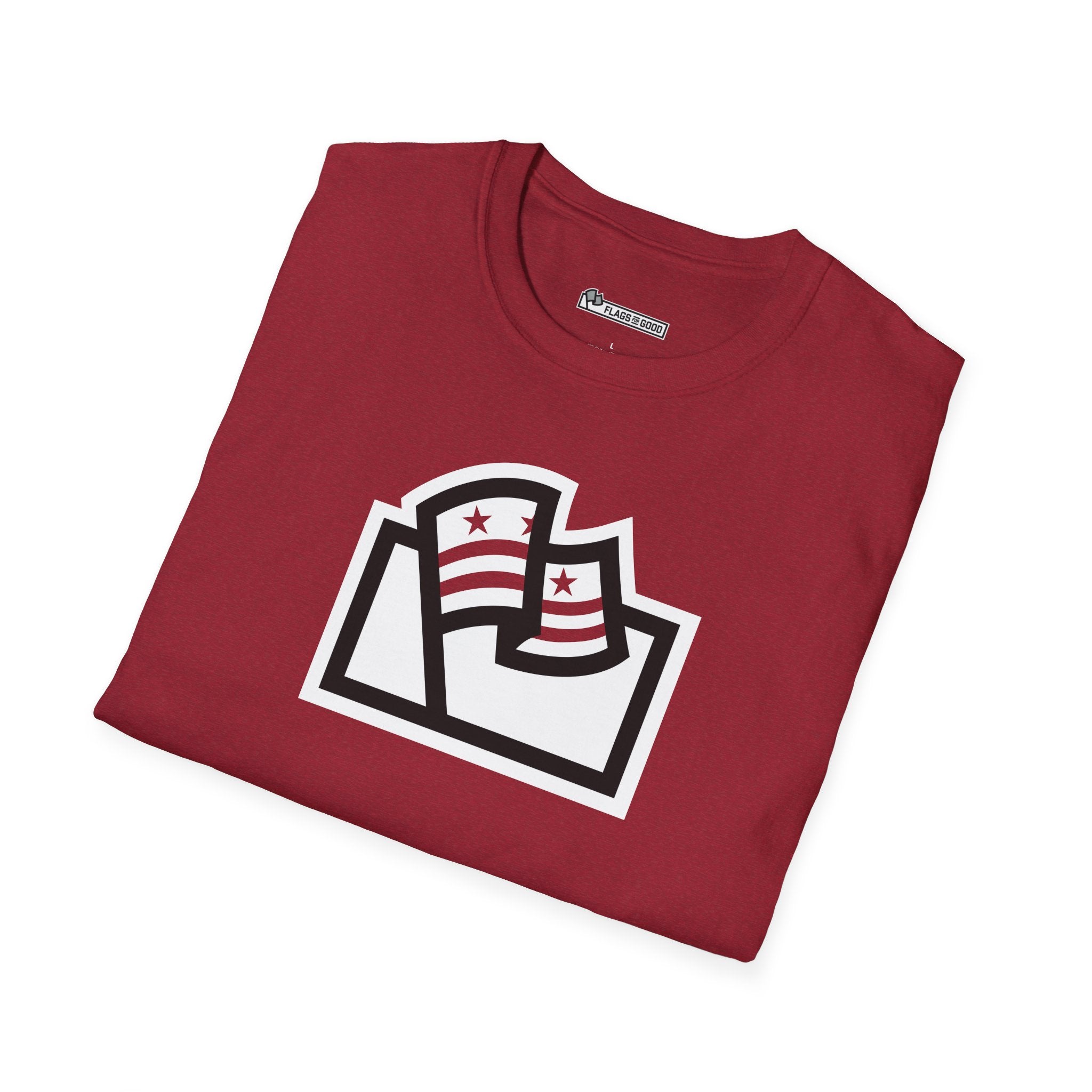 red shirt with Washington DC flag inside the Flags For Good logo