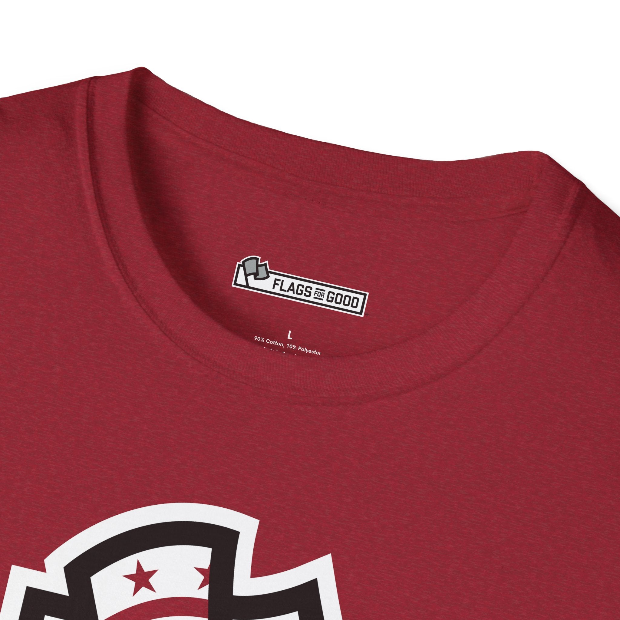 Flags For Good logo inside of an red shirt