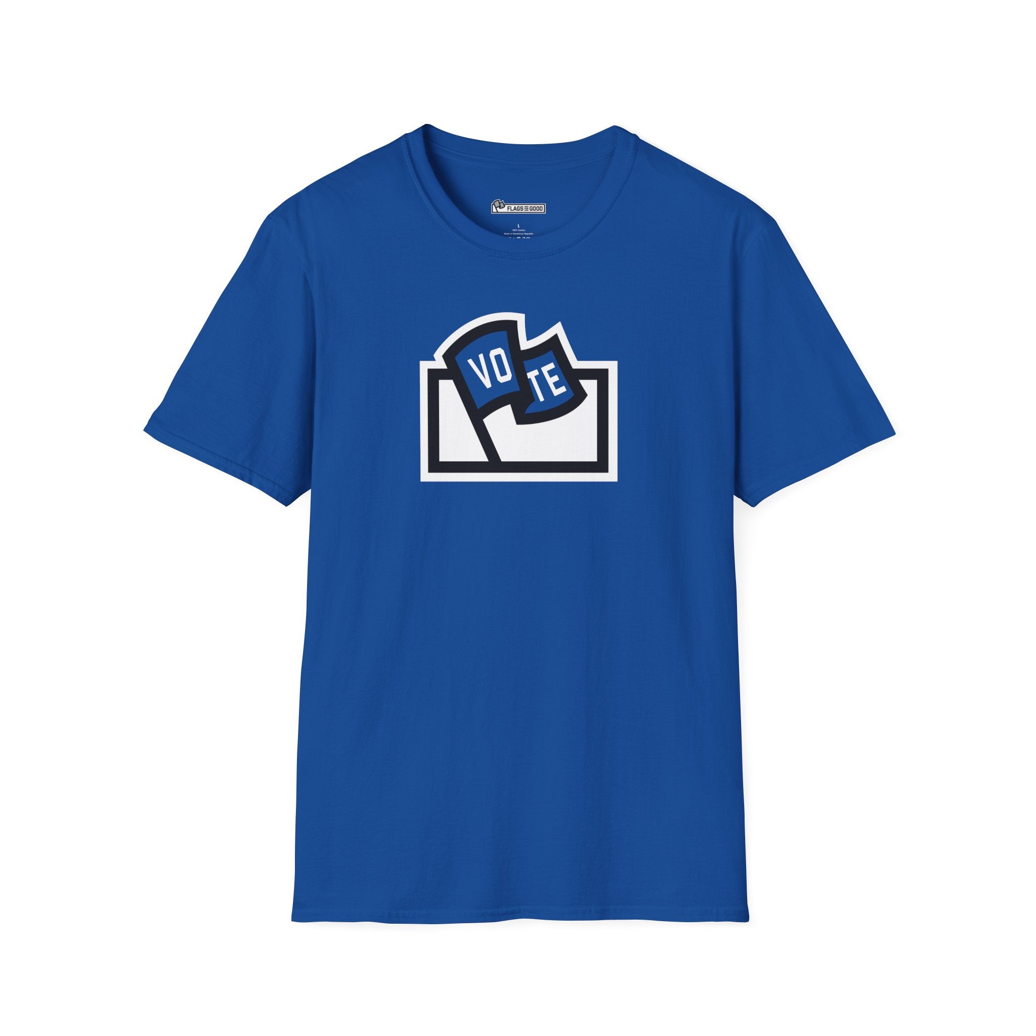 Flags For Good logo with "VOTE" inside on a blue shirt