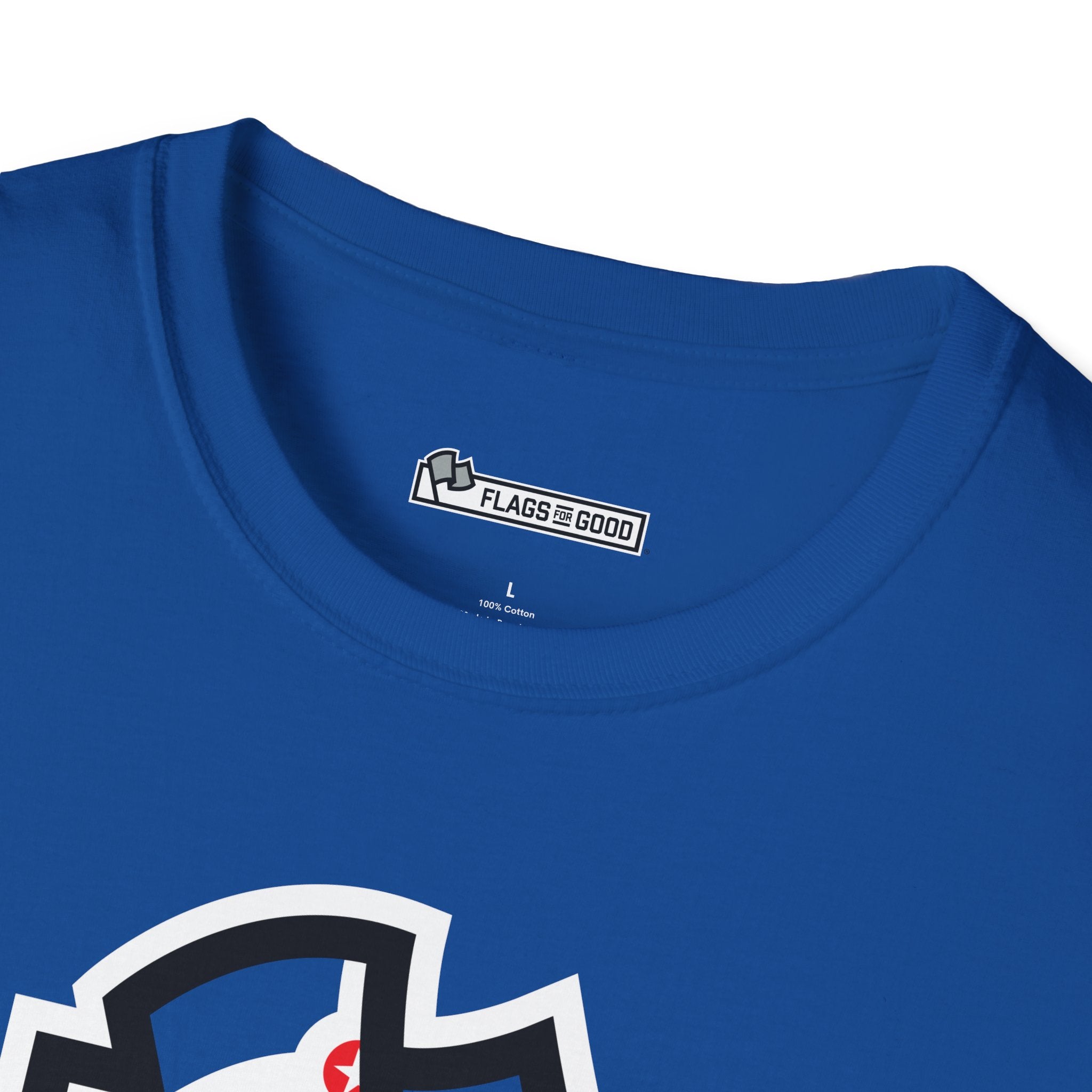 Flags For Good logo inside of an blue shirt