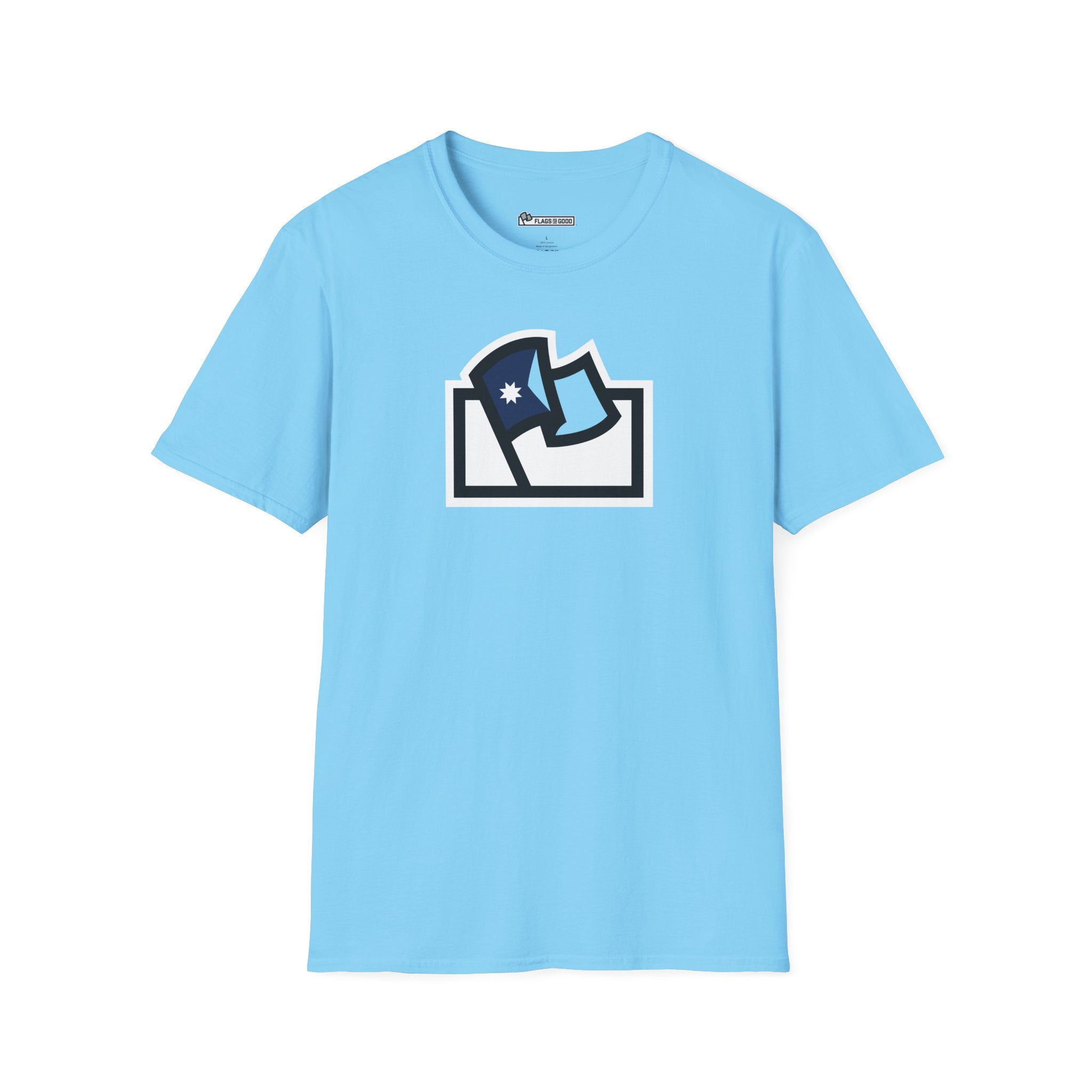 Flags For Good logo with a Minnesota flag inside on a light blue shirt