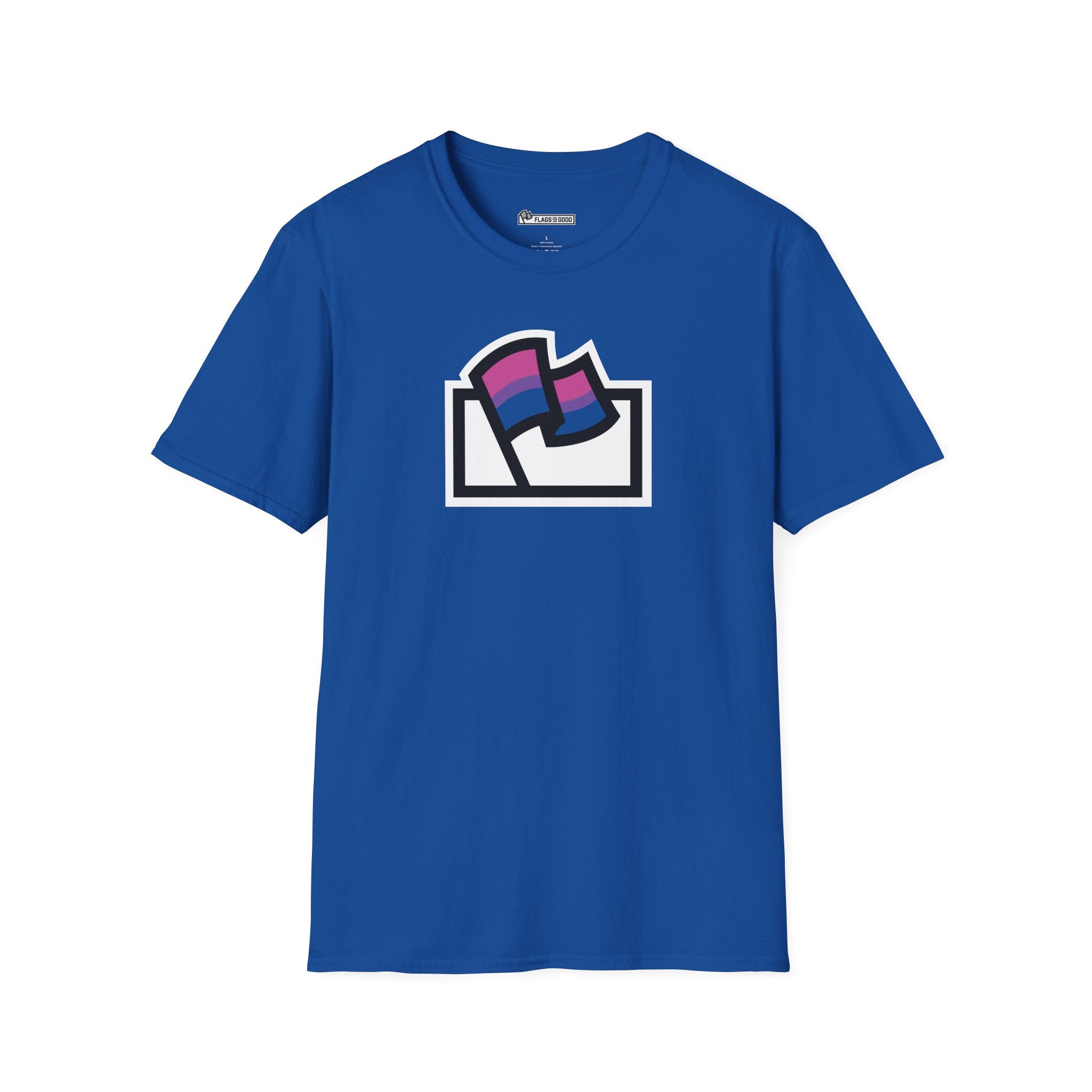 Flags For Good logo with the Bisexual Pride flag inside on a blue shirt