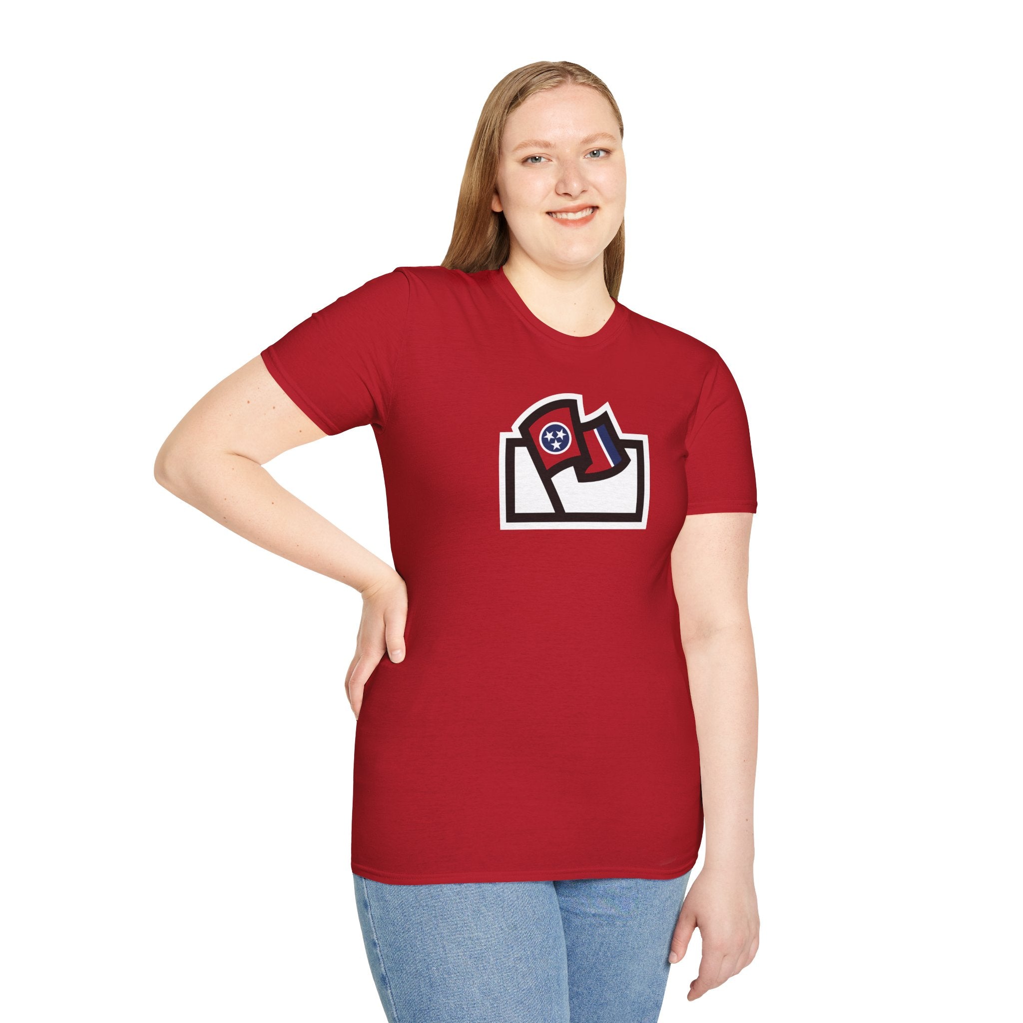 Flags For Good logo with a Tennessee flag inside on a red shirt being worn by a woman