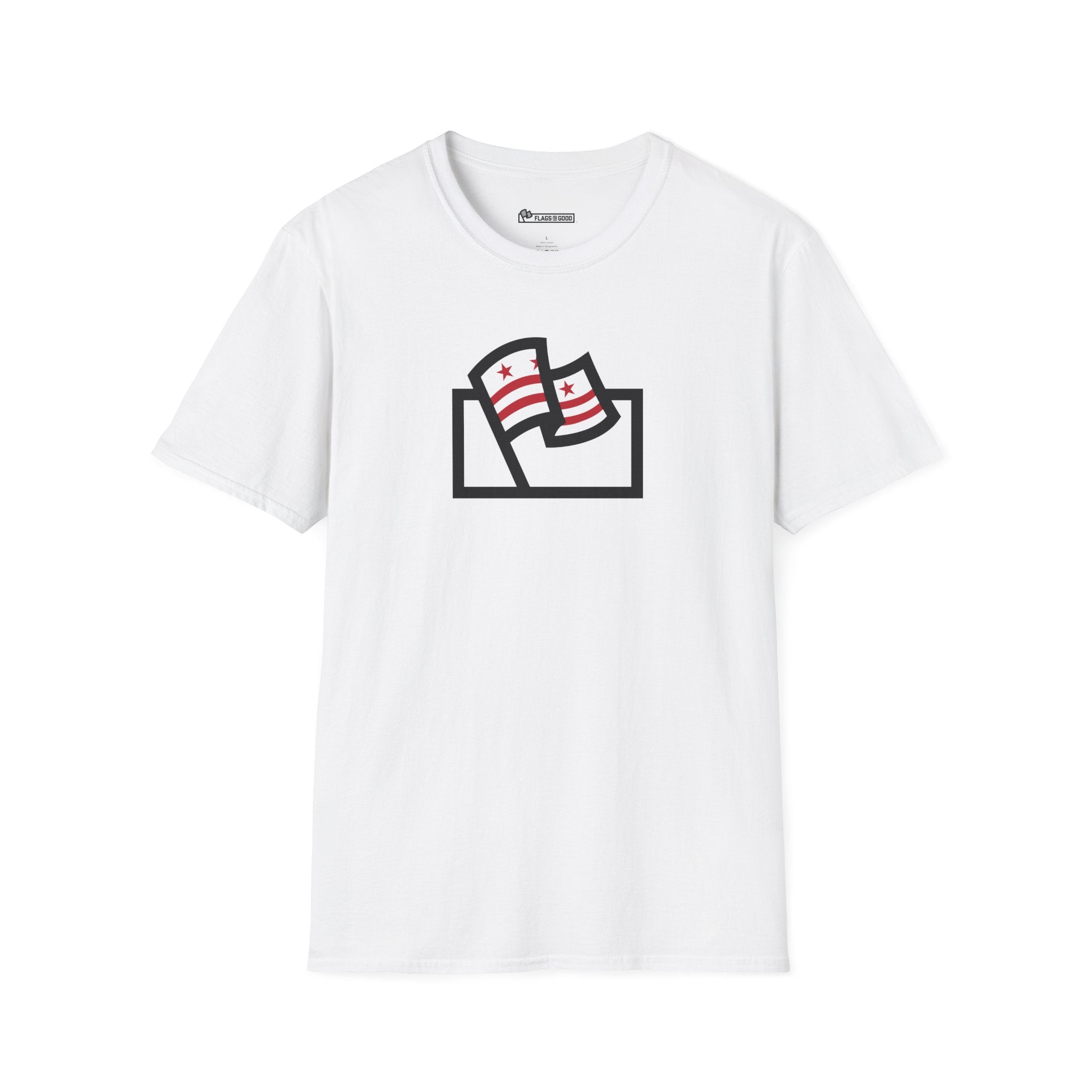 white shirt with Washington DC flag inside the Flags For Good logo