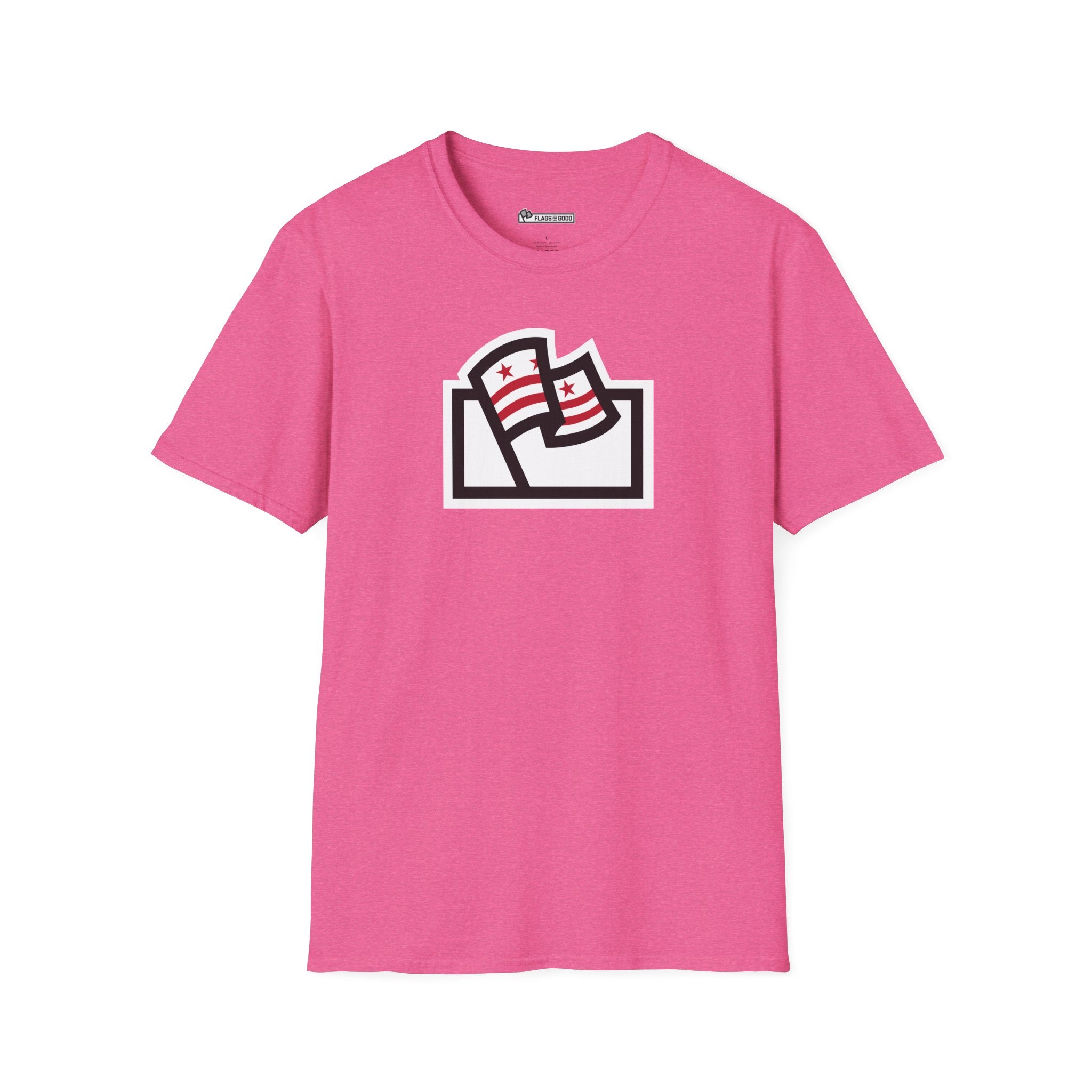 pink shirt with Washington DC flag inside the Flags For Good logo