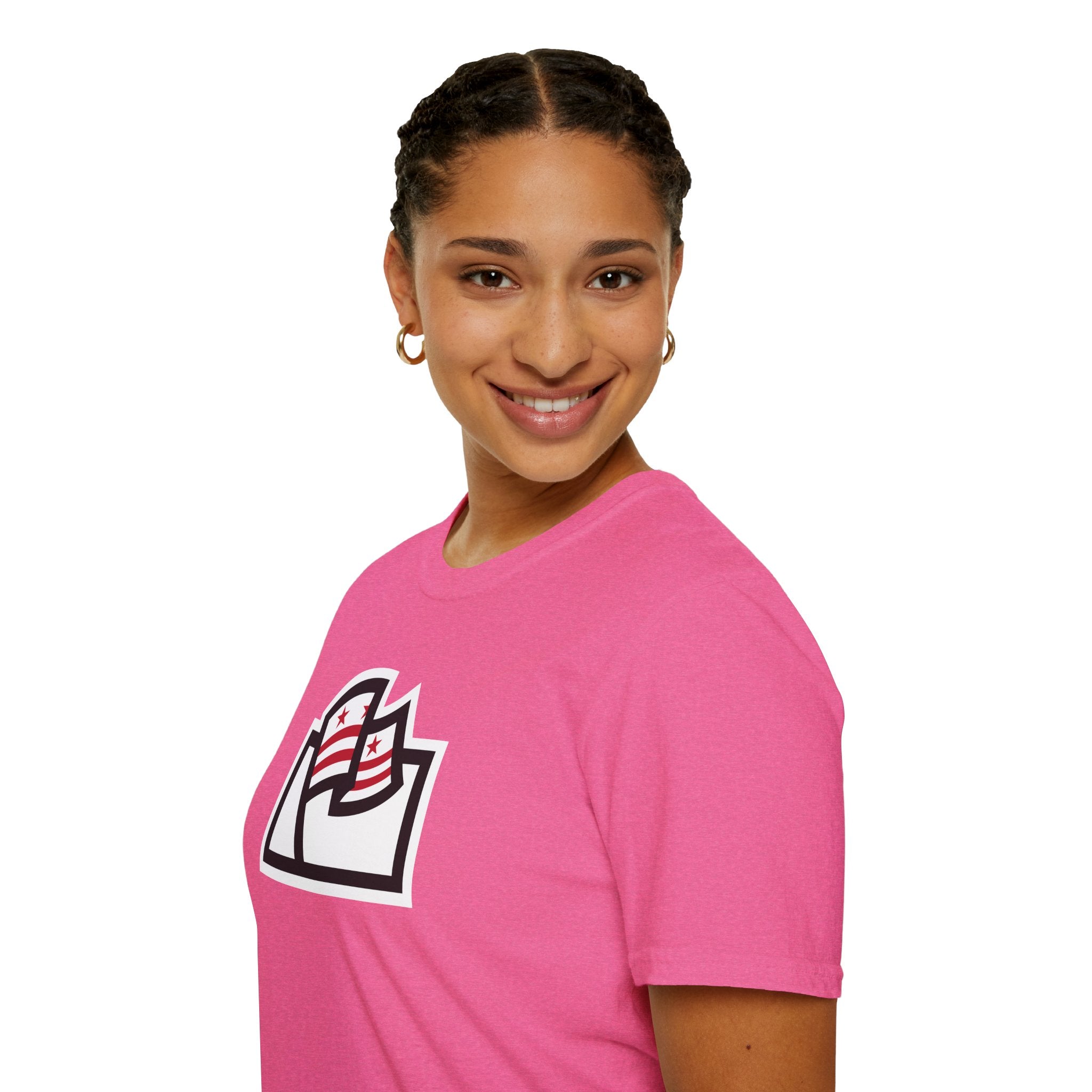 pink shirt with Washington DC flag inside the Flags For Good logo being worn by a woman