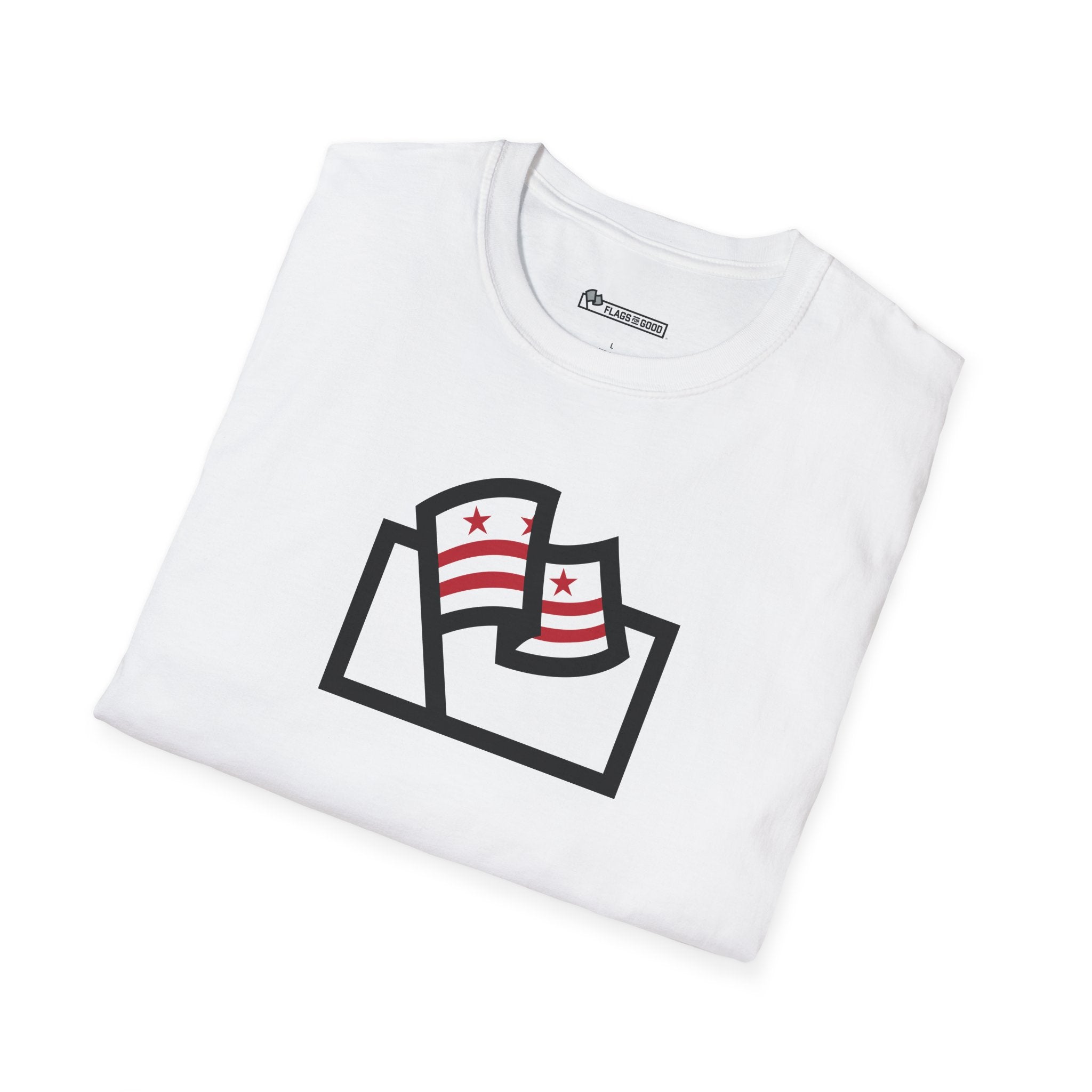 white shirt with Washington DC flag inside the Flags For Good logo