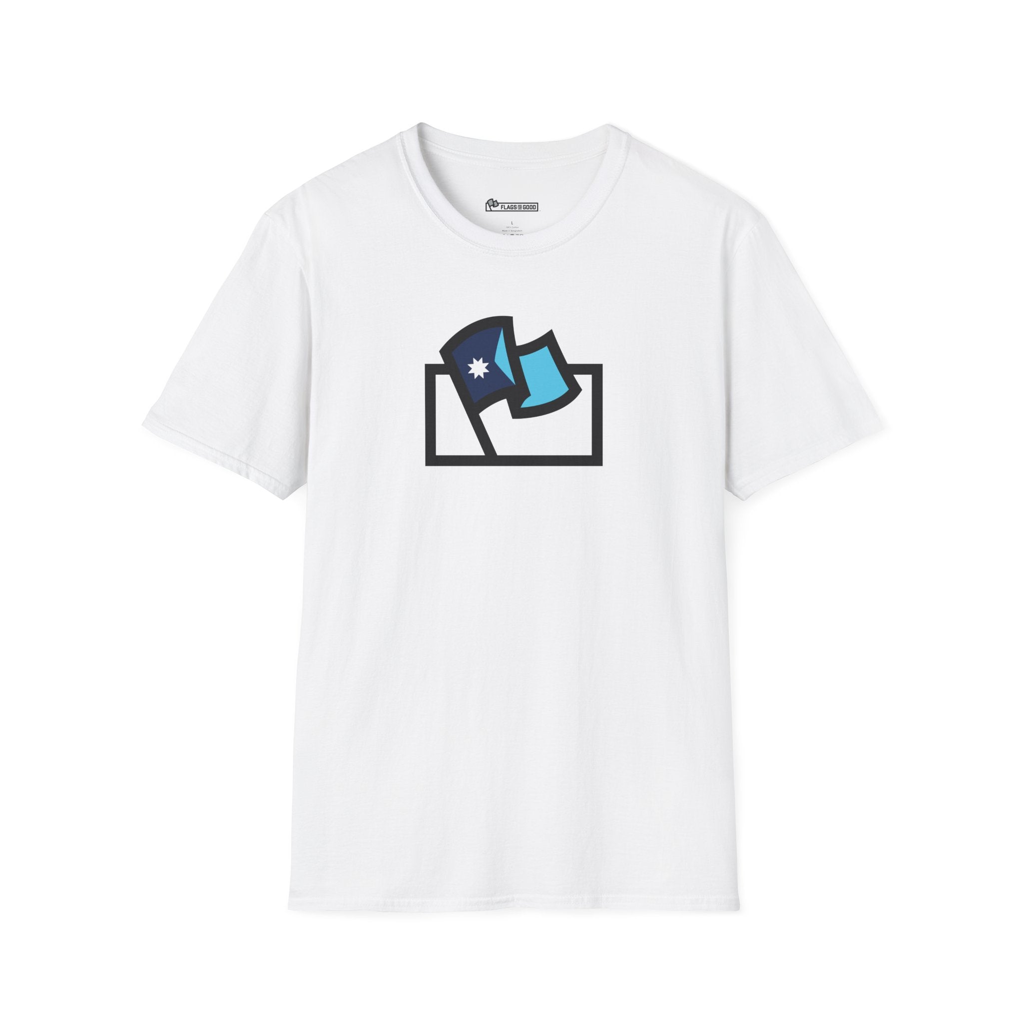 Flags For Good logo with a Minnesota flag inside on a white shirt
