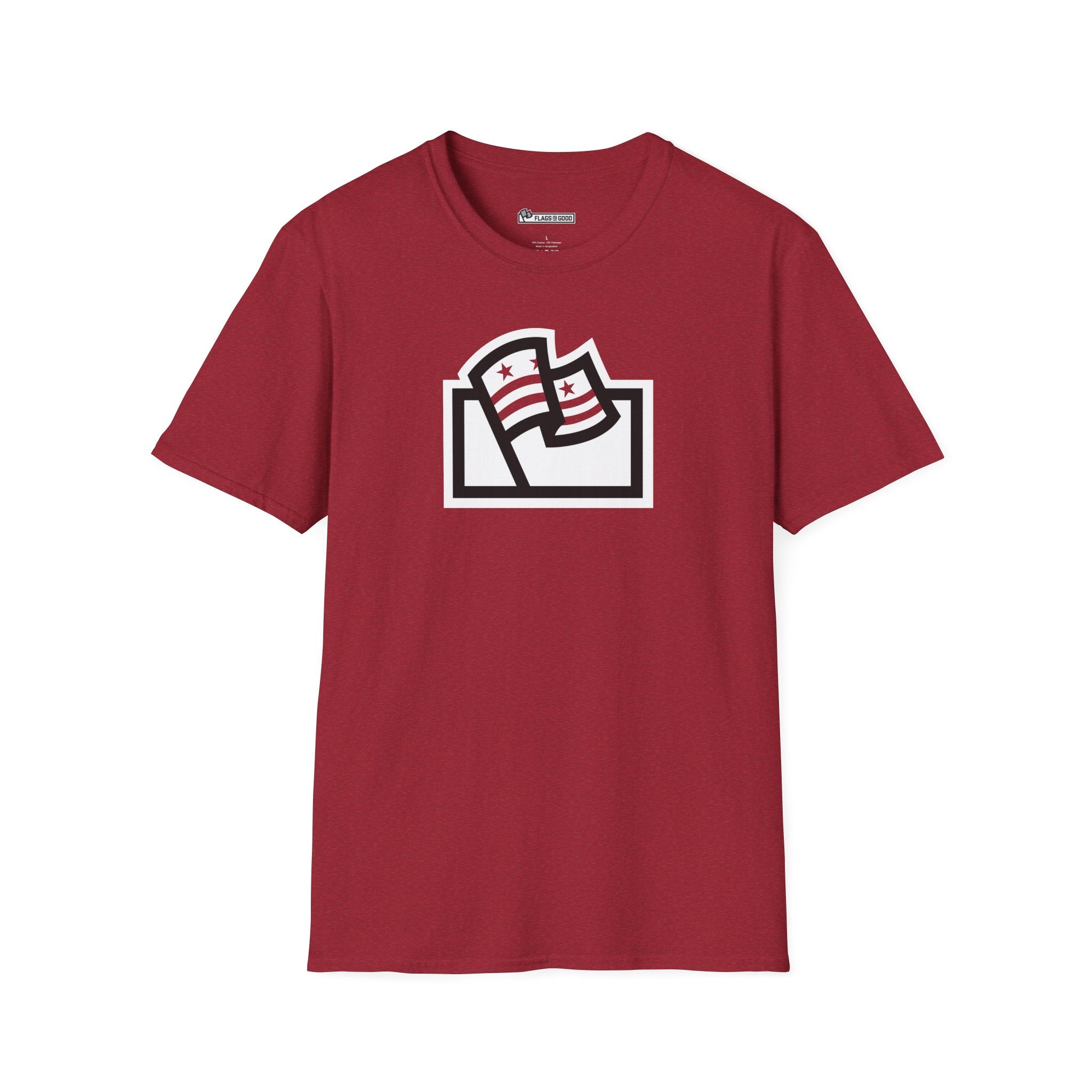 red shirt with Washington DC flag inside the Flags For Good logo