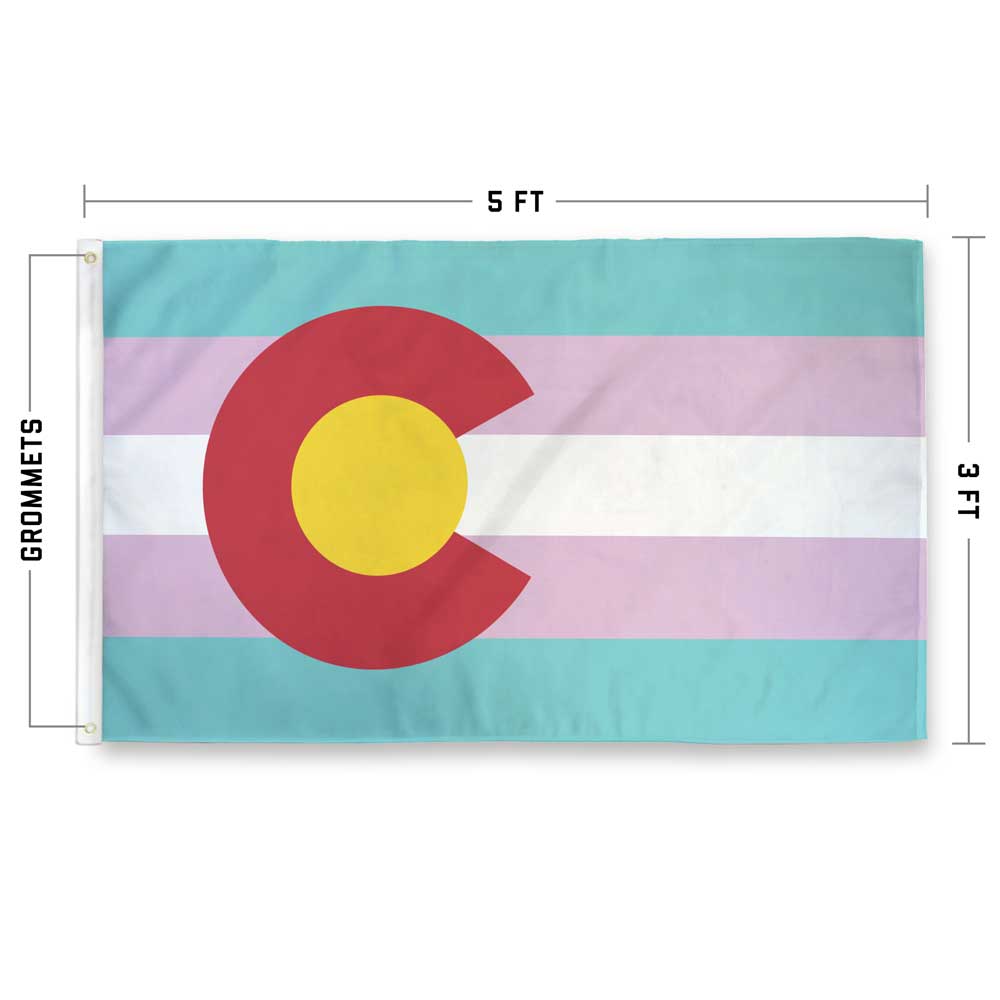 3 x 5 feet single-sided Colorado flag with trans flag colors in the background