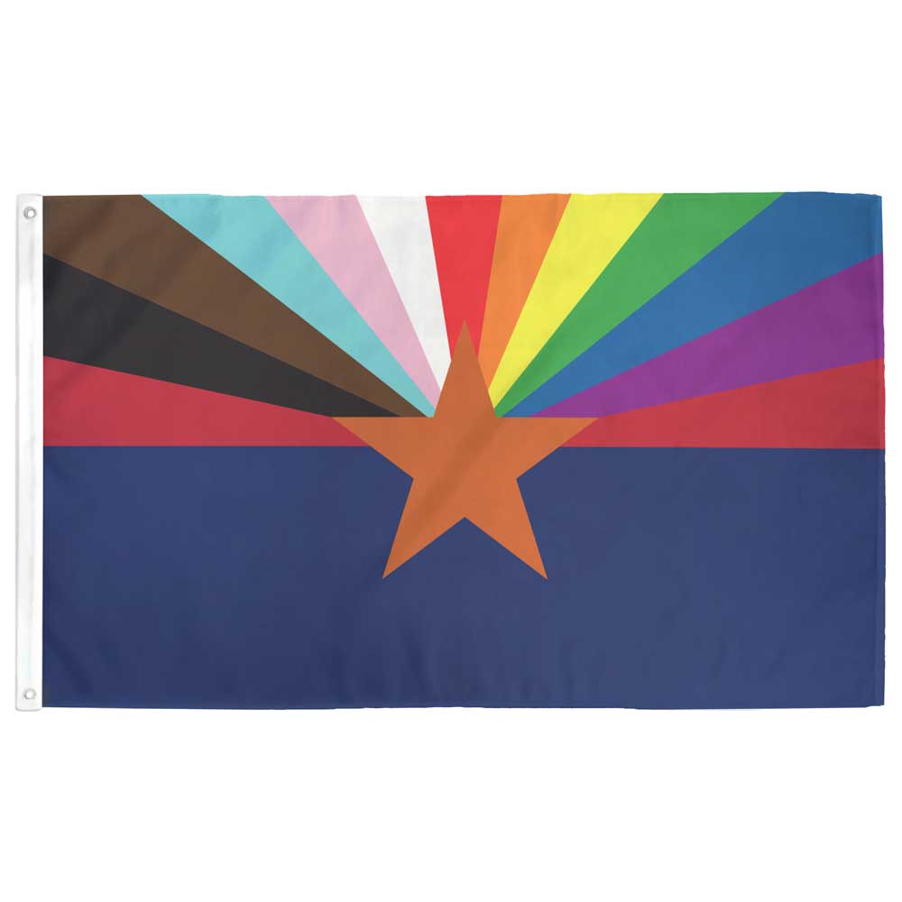 Arizona state flag with the rays replaced with an LGBTQ+ Rainbow