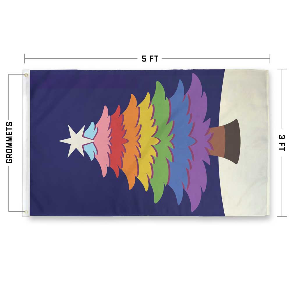 happy holidays rainbow tree flag 5'x3' measurements, hangs vertical