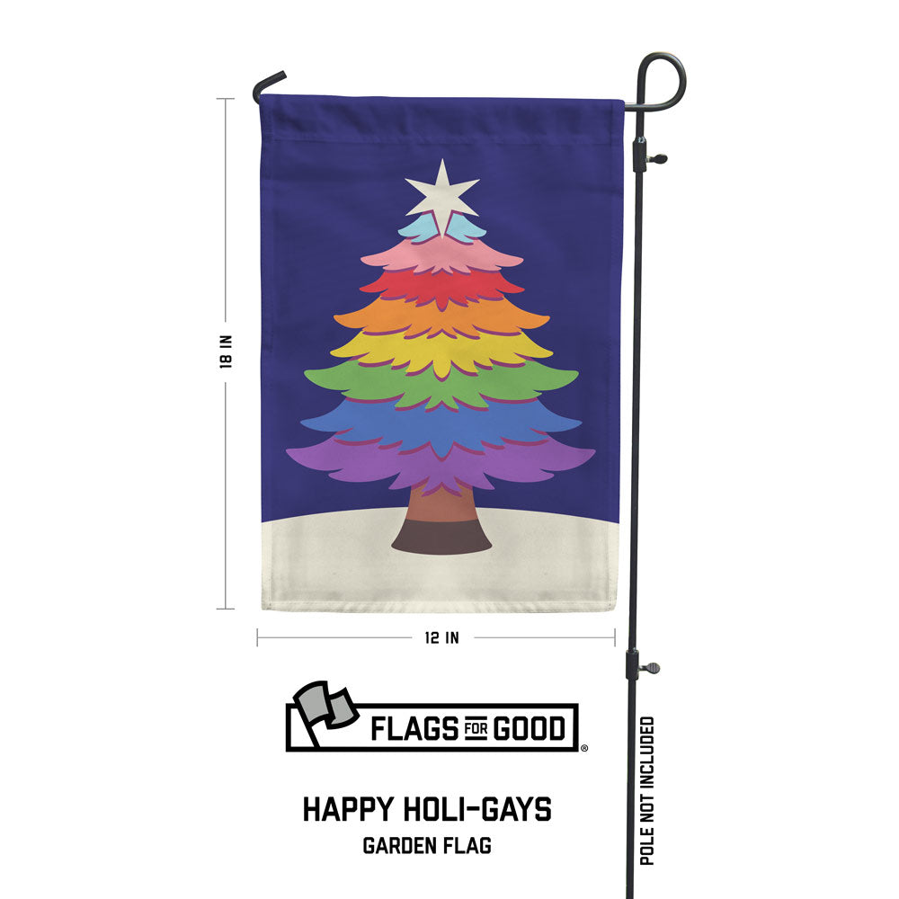 Rainbow Pride Holiday Tree garden flag measuring 12 by 18 inches