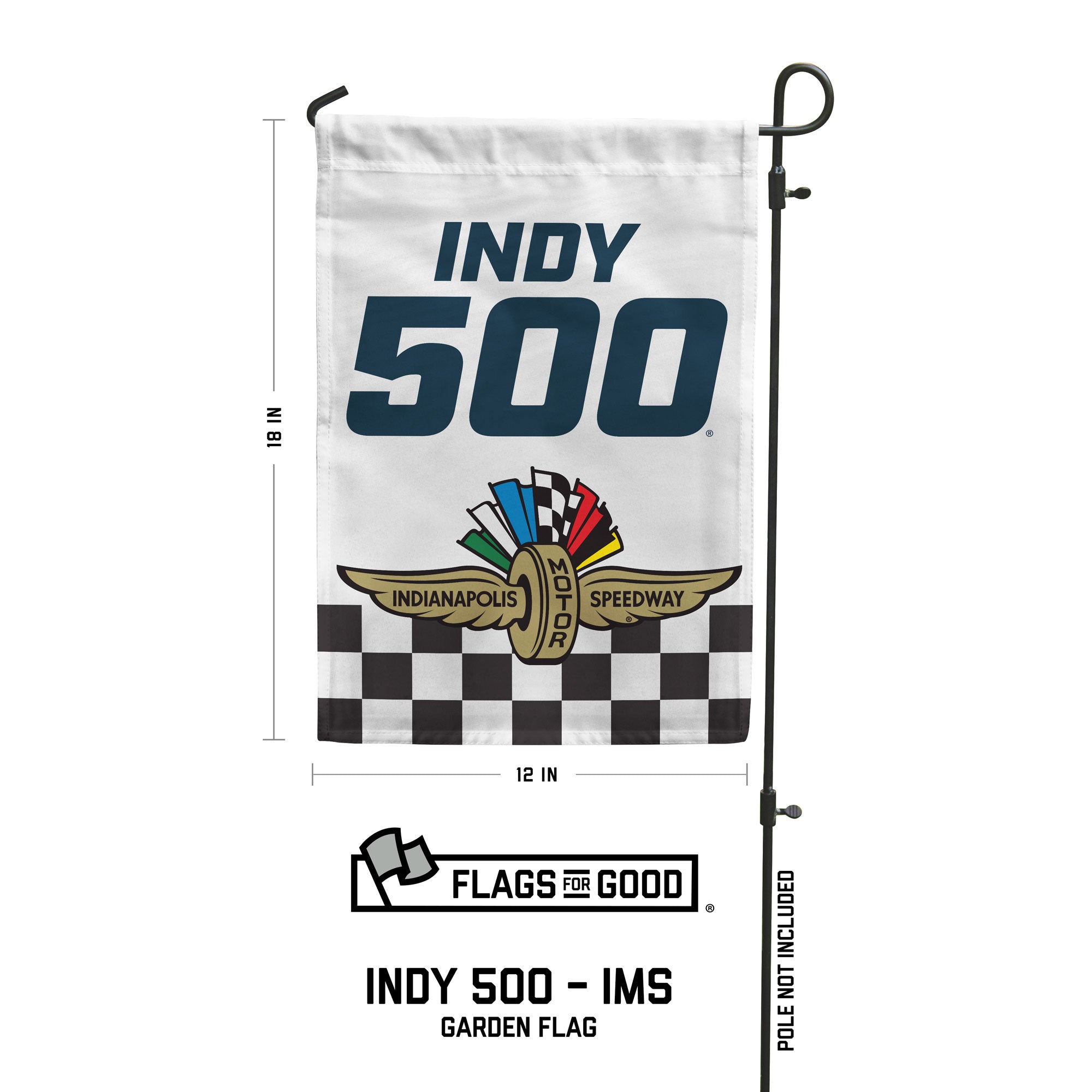 "Indy 500" in blue on a white garden flag with an Indianapolis Motor Speedway logo on a checkered flag on the bottom