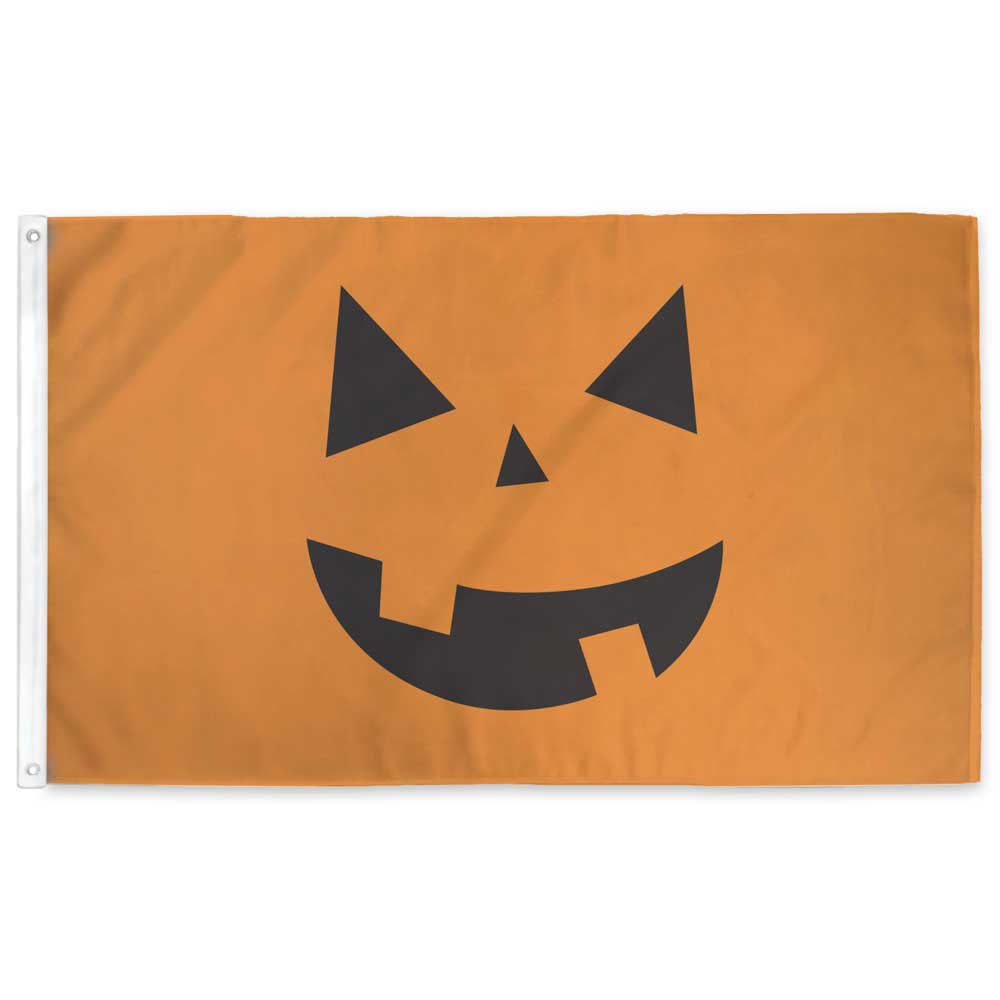 orange jack-o-lantern pumpkin flag with black cut outs for facial features. designed by flags for good