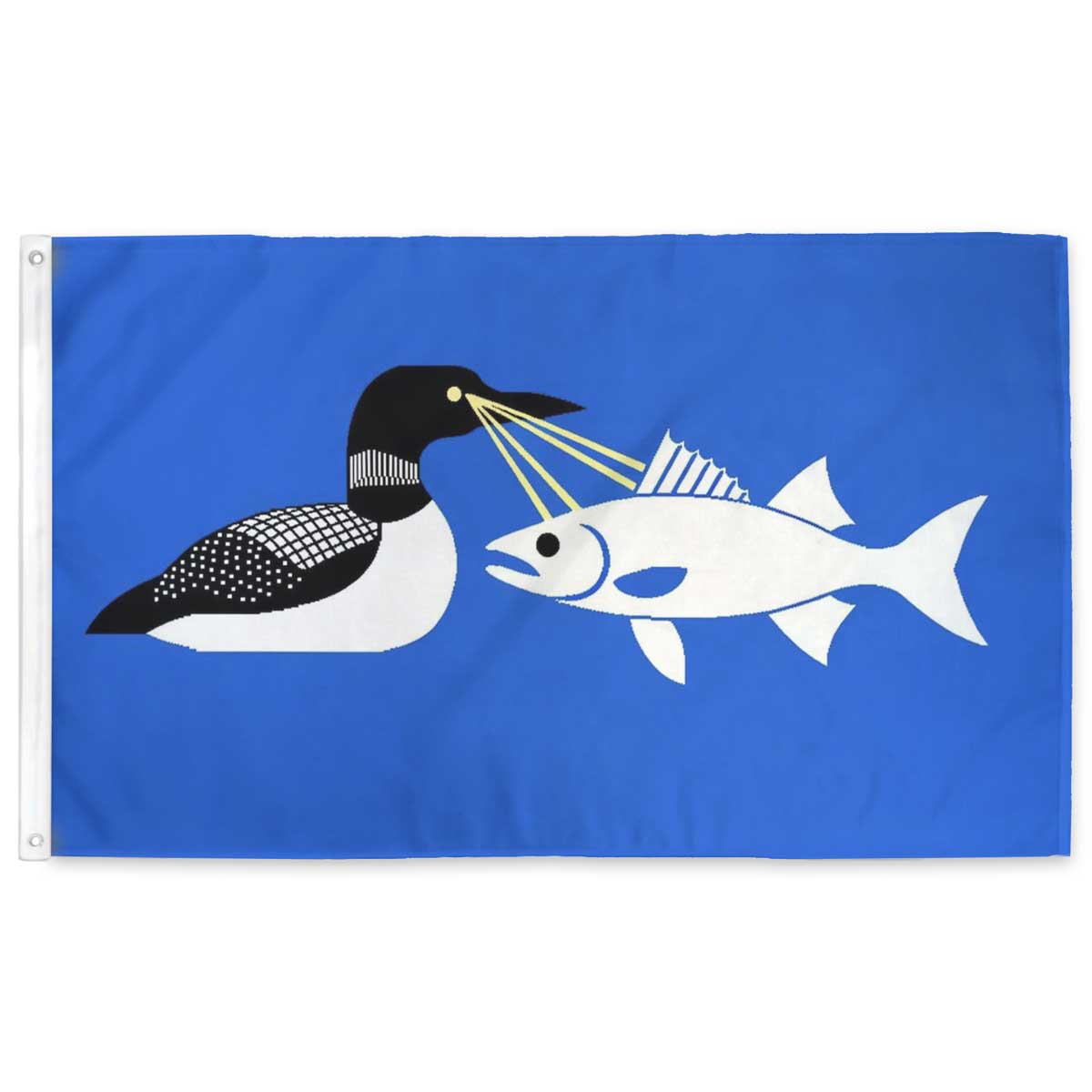 Blue flag with a loon shooting a walleye  with eye lasers