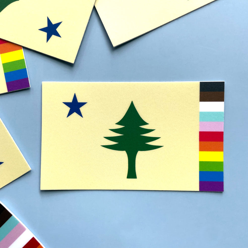 A 1901 Maine Flag Sticker with a LGBTQ+ Rainbow on the right edge.