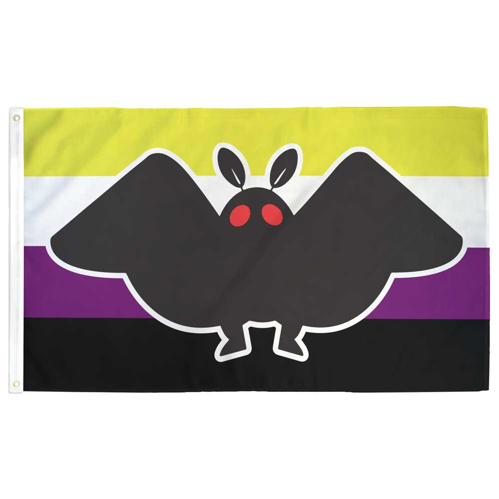 3 x 5 feet single-sided Mothman non-binary pride Flag with Grommets. Mothman is in the front with the non-binary flag in the background