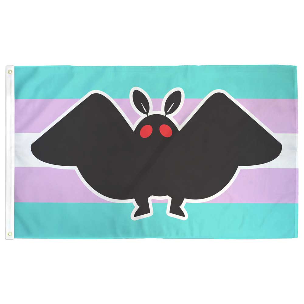 3 x 5 feet single-sided Mothman transgender pride Flag with Grommets. Mothman is in the front with the transgender flag in the background