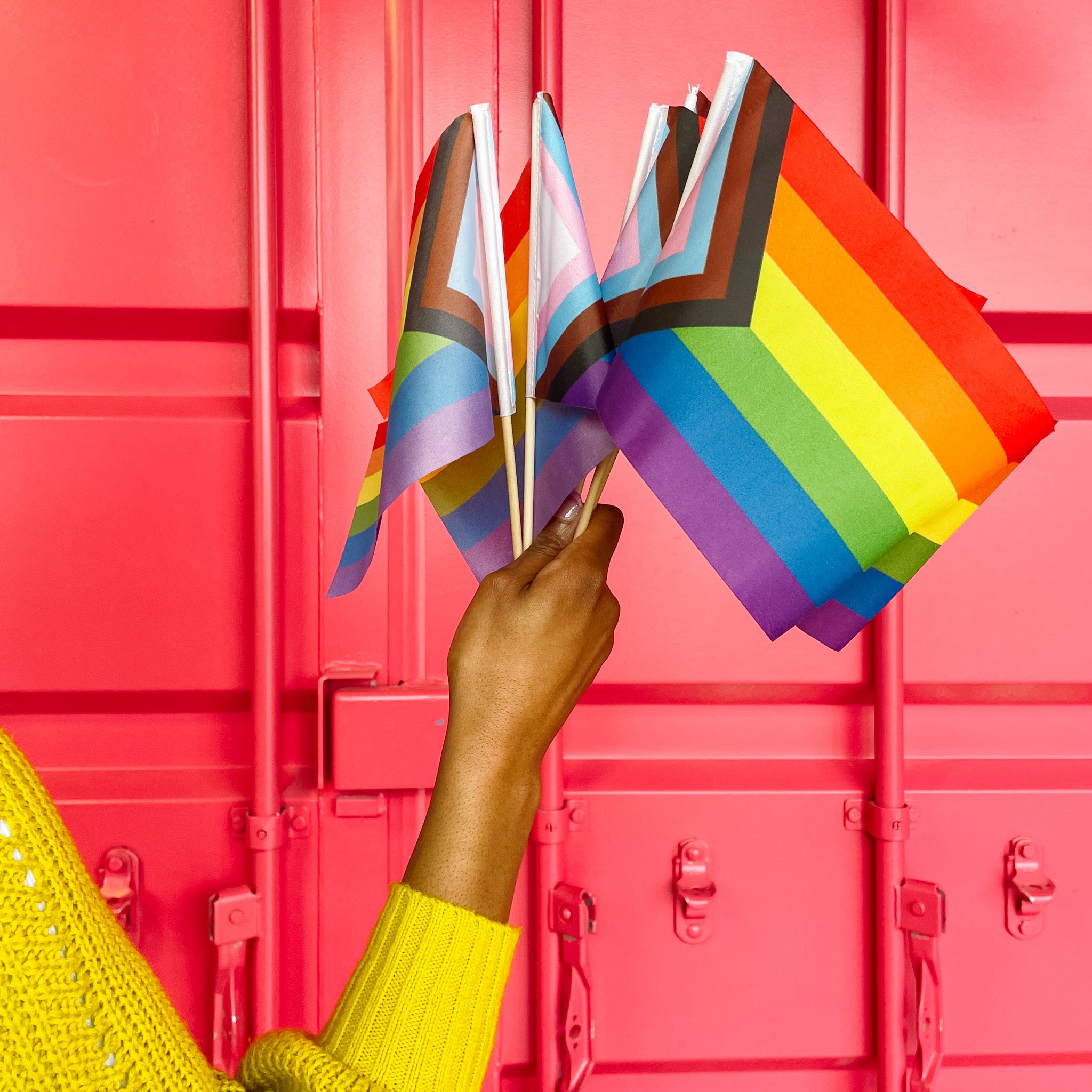 Woman's hand holding a handful of progress pride flags on wooden sticks