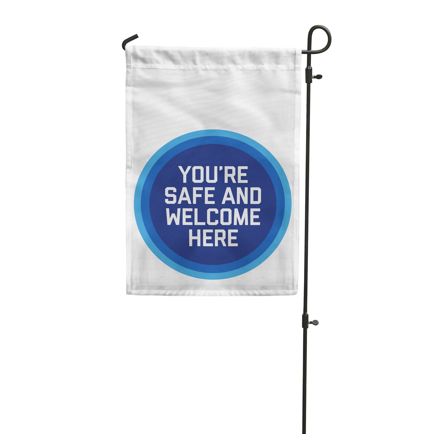 Blue dot on a white background with the words "You are safe and welcome here"