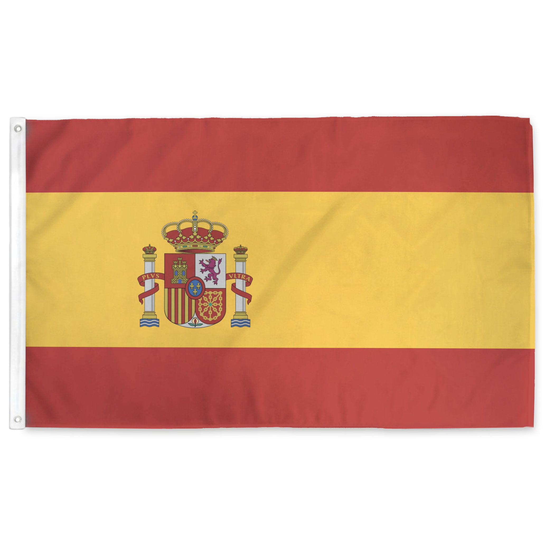 Flag of Spain with red and yellow stripes and a coat of arms in the center.