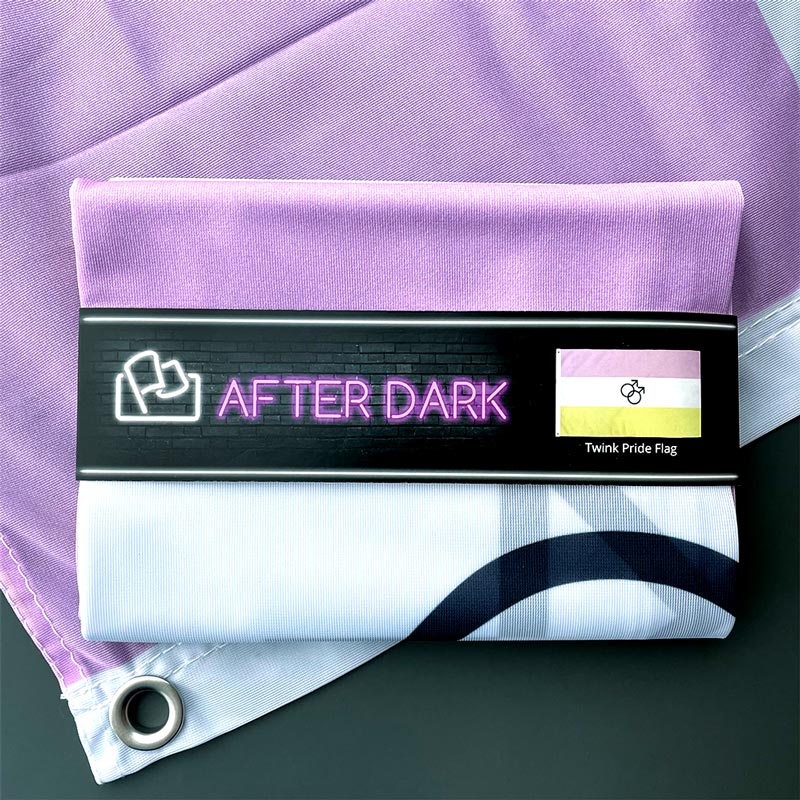 twink pride flag with grommets in packaging