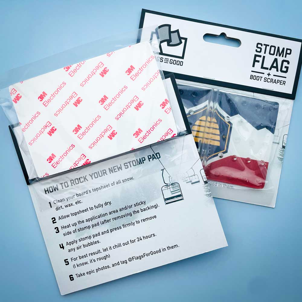 Utah flag snowboard stomp pad by Flags For Good instructions on packaging.
