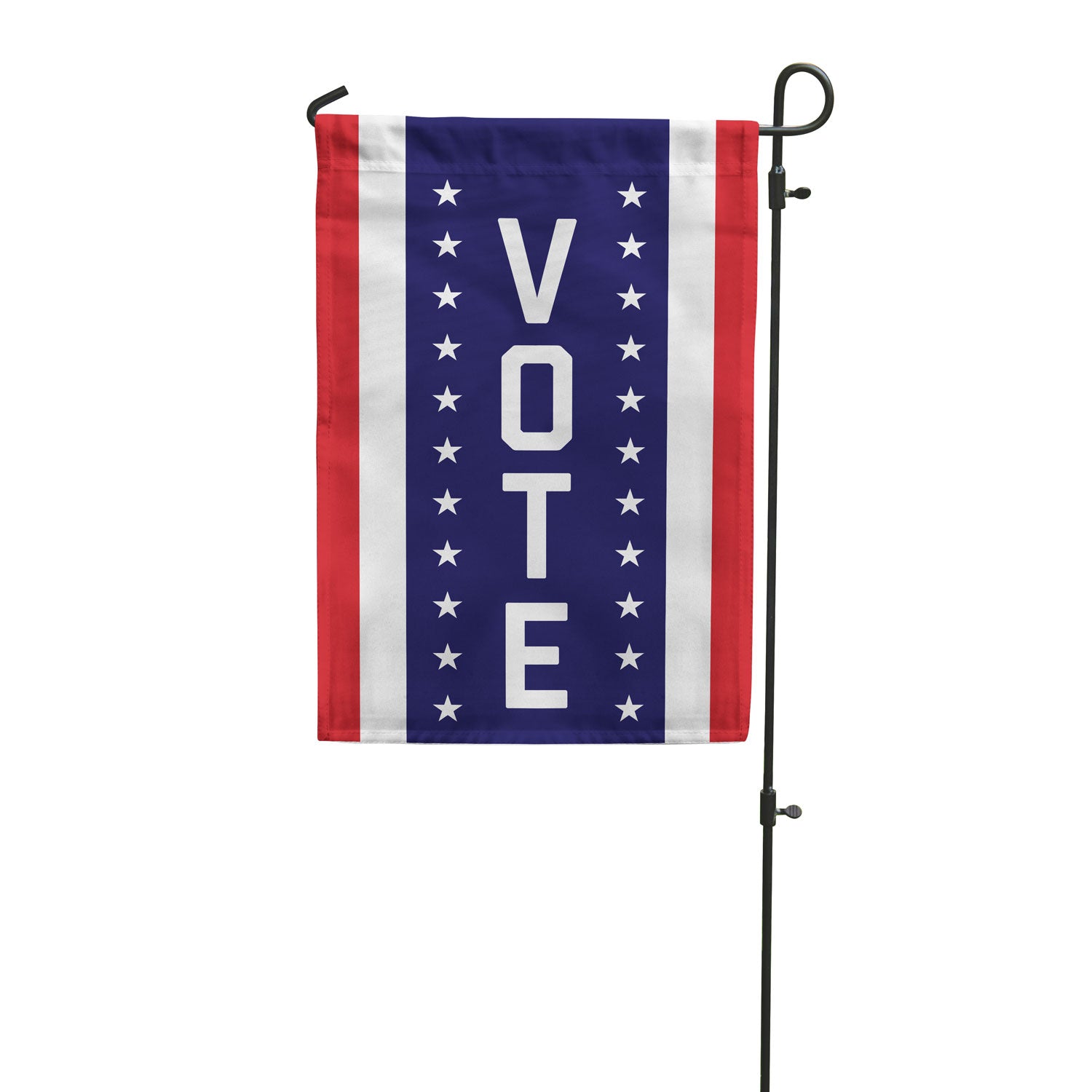 A garden flag with vertical stripes of red white and blue. In the center blue stripe is the word VOTE vertically flanked by stars.