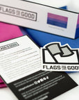 Bisexual pride flag by Flags For Good unfolded showing the insert and sticker