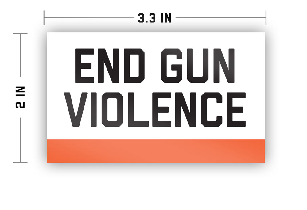 End gun violence sticker measuring 2 by 3.3 inches