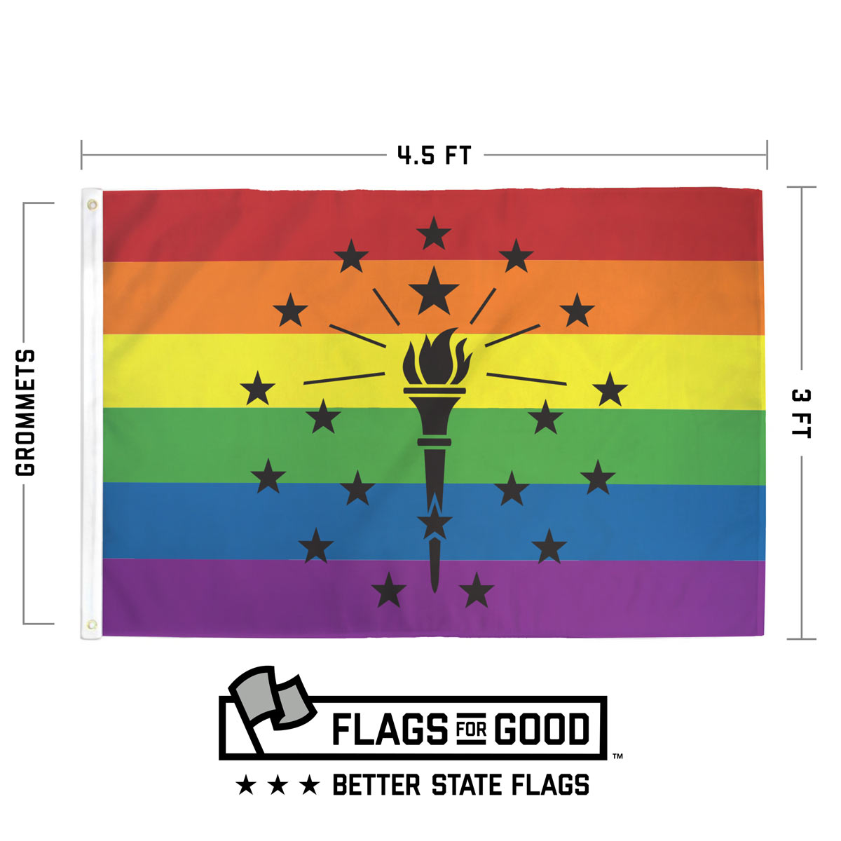 Indiana Rainbow Pride flag measuring 3 by 4.5 feet