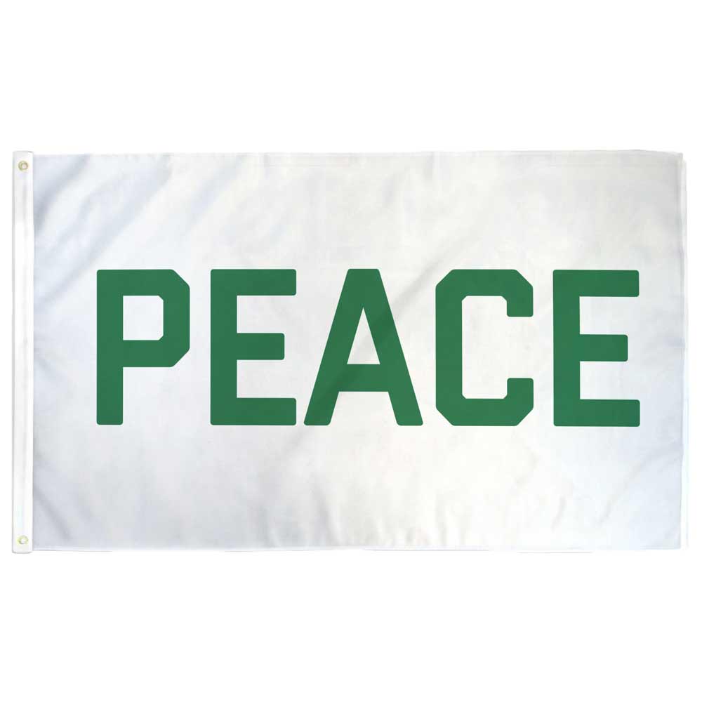 "PEACE" in green on a white flag