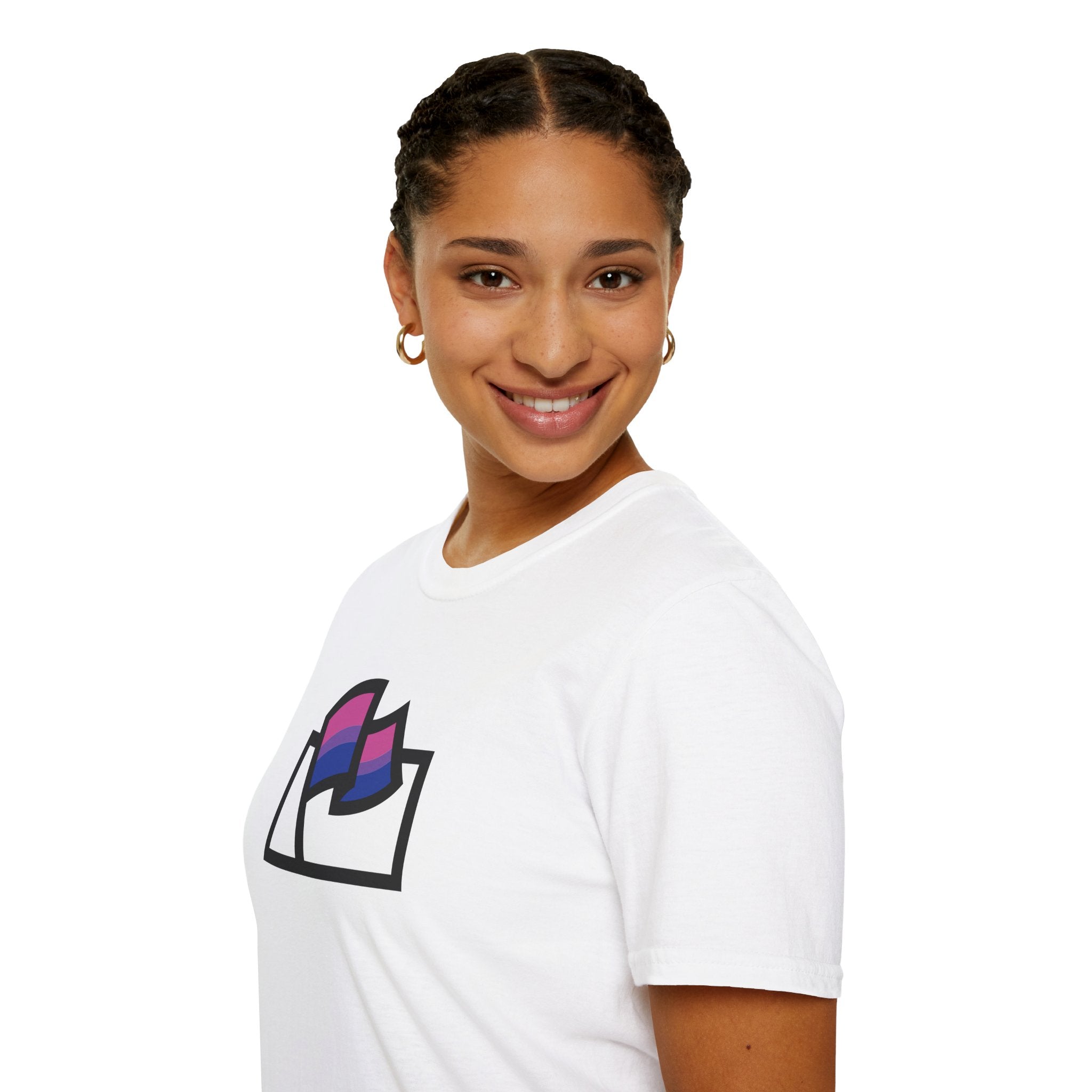 Flags For Good logo with the Bisexual Pride flag inside on a white shirt being worn by a woman