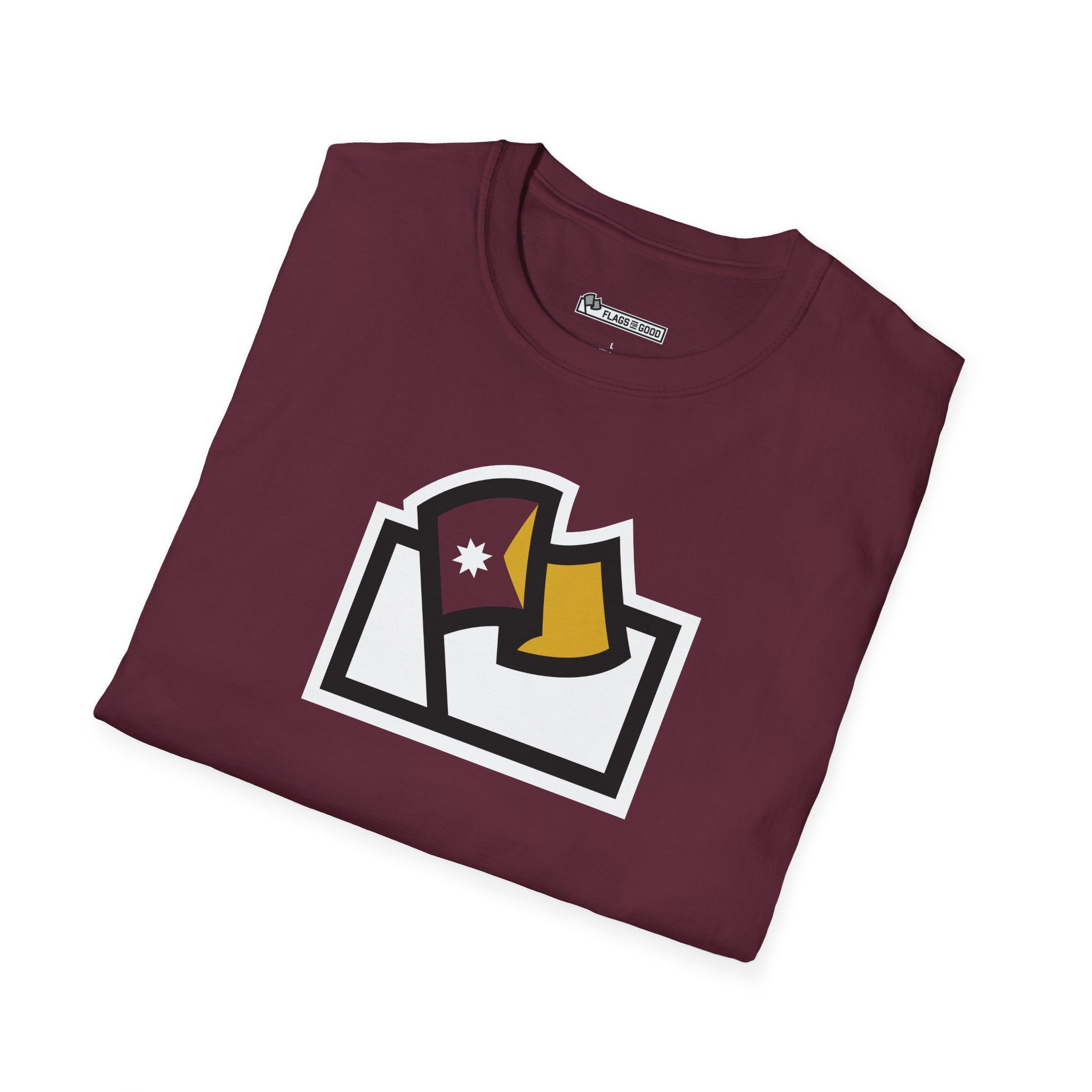 Flags For Good logo with a maroon and gold Minnesota flag inside on a maroon shirt