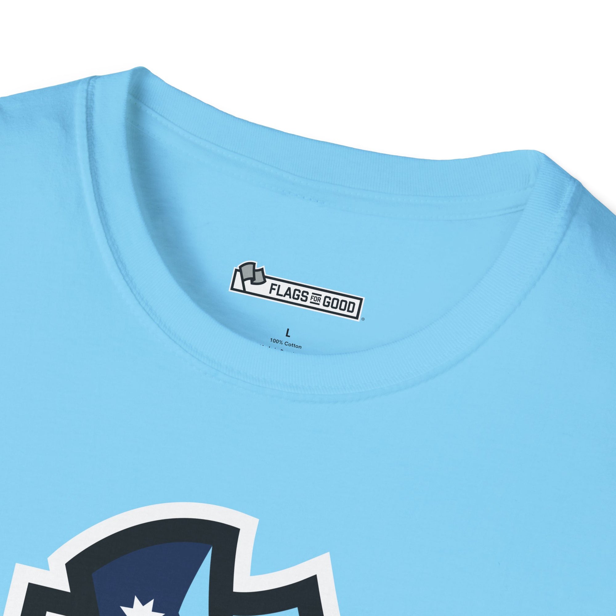 Flags For Good logo on the inside of a shirt