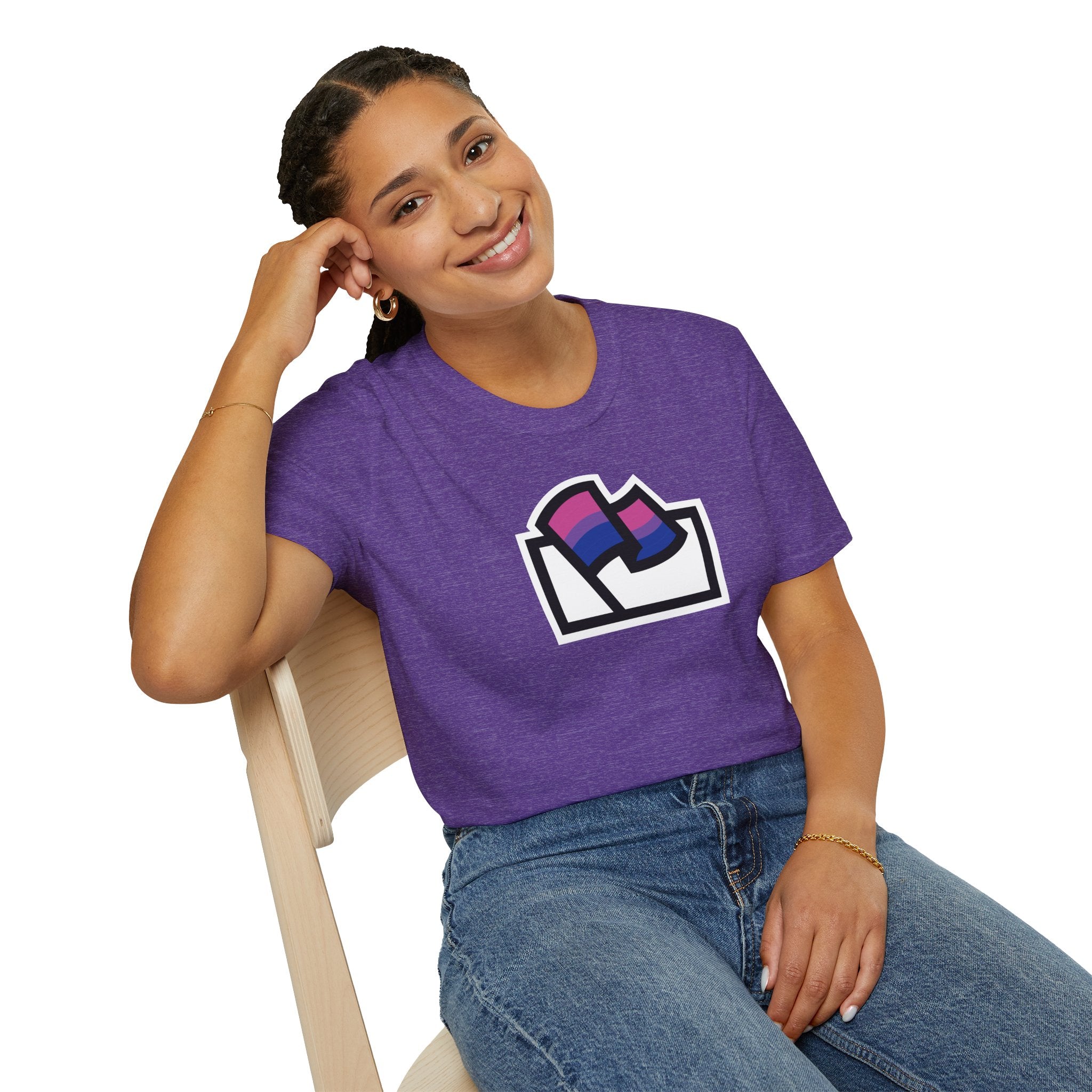 Flags For Good logo with the Bisexual Pride flag inside on a purple shirt being worn by a woman