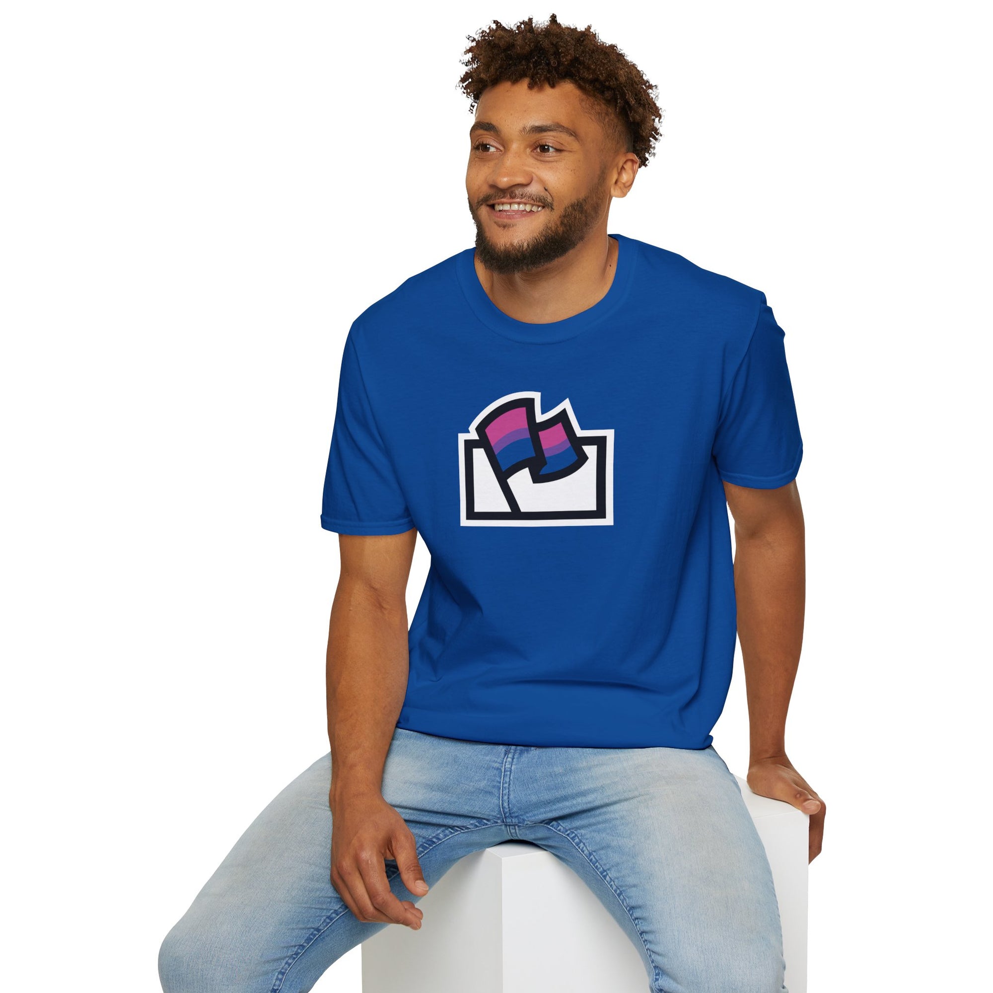 Flags For Good logo with the Bisexual Pride flag inside on a blue shirt being worn by a man