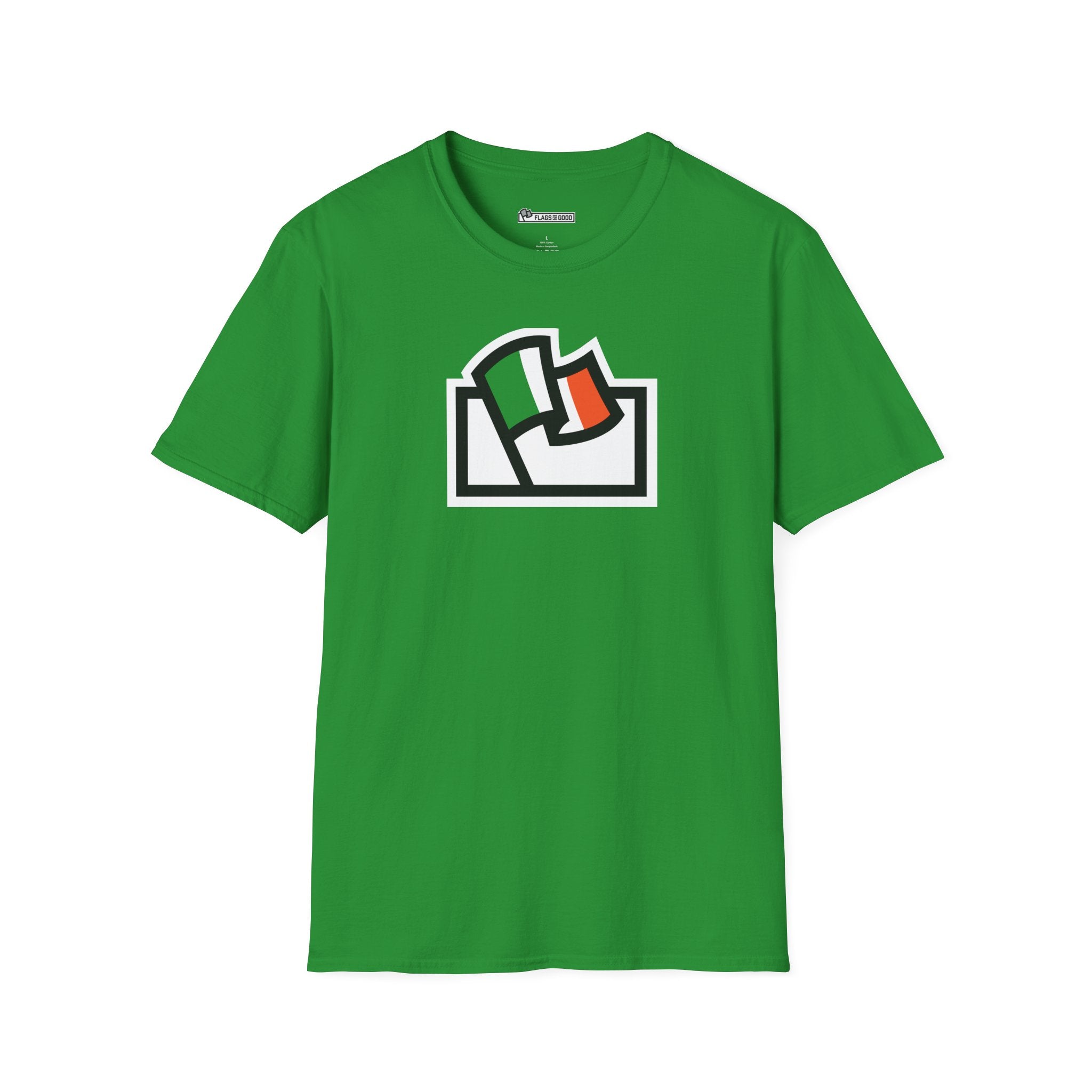 Flags For Good logo with an Ireland flag inside on a green shirt