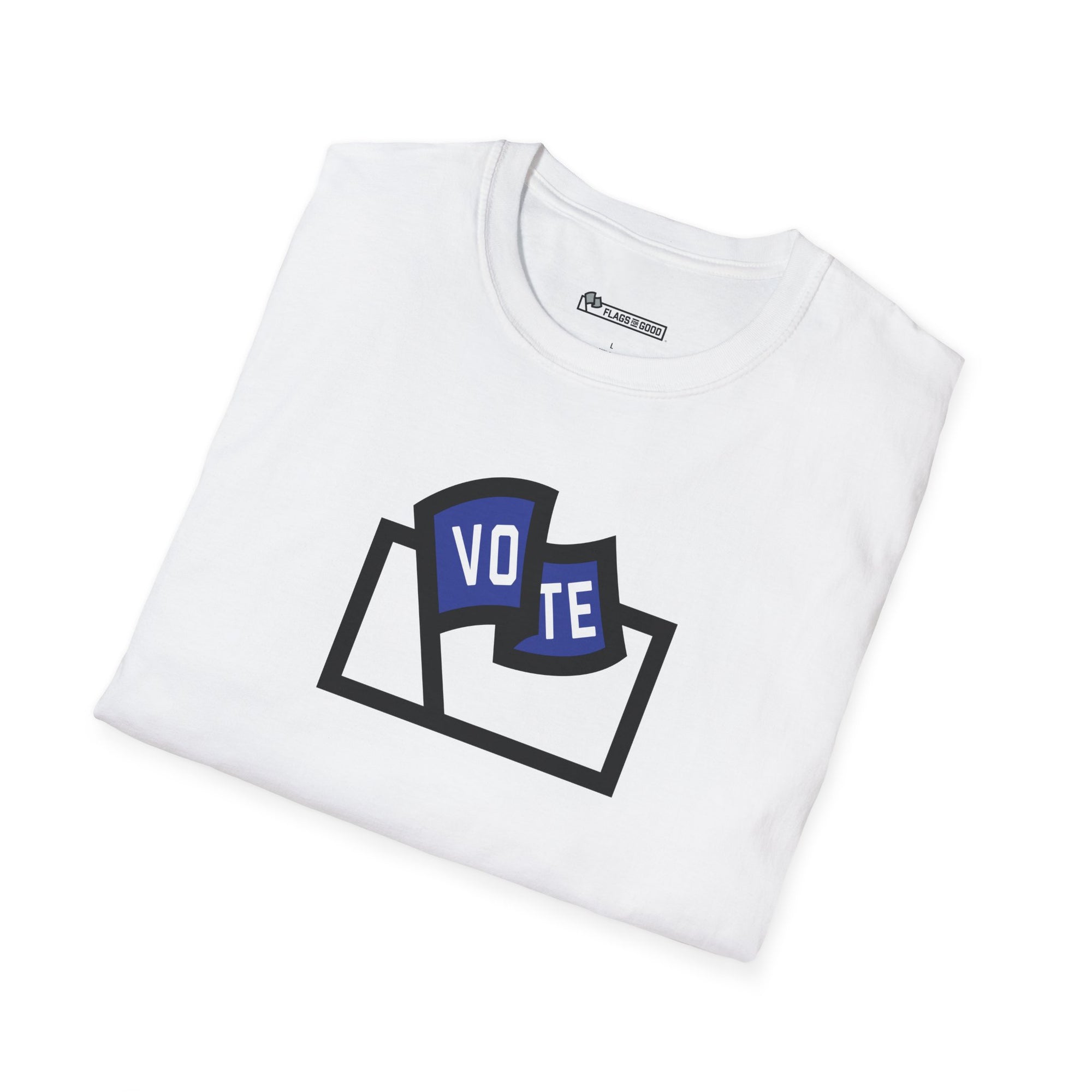 Flags For Good logo with "VOTE" inside on a white shrit