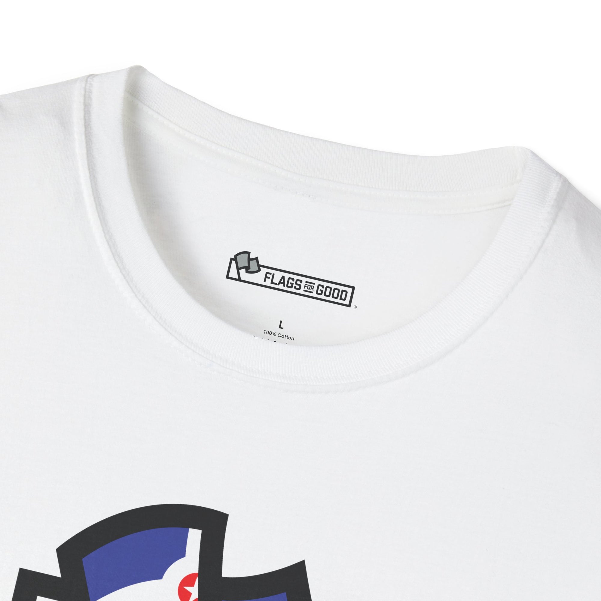 closeup of Flags For Good logo on the inside of a shirt