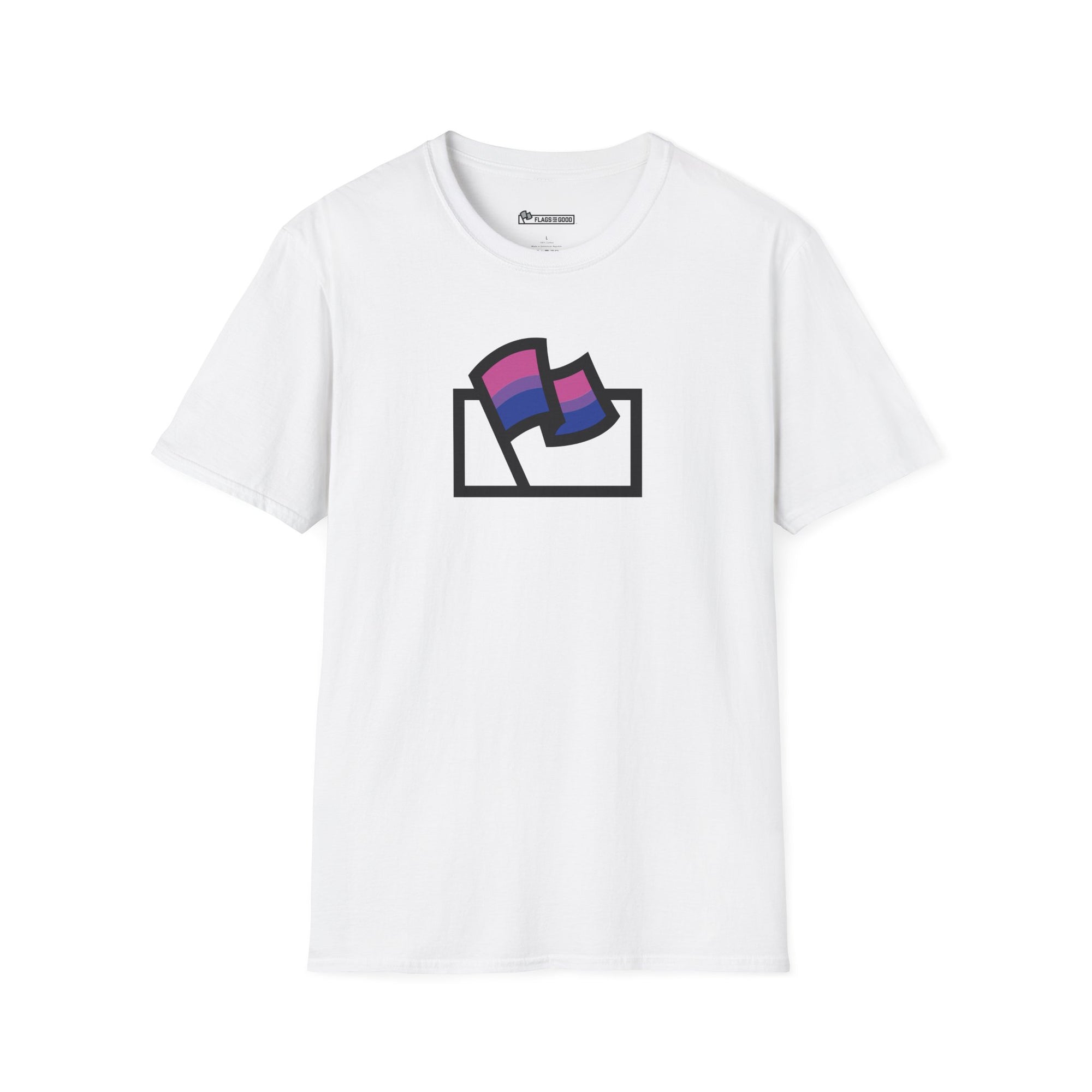 Flags For Good logo with the Bisexual Pride flag inside on a white shirt