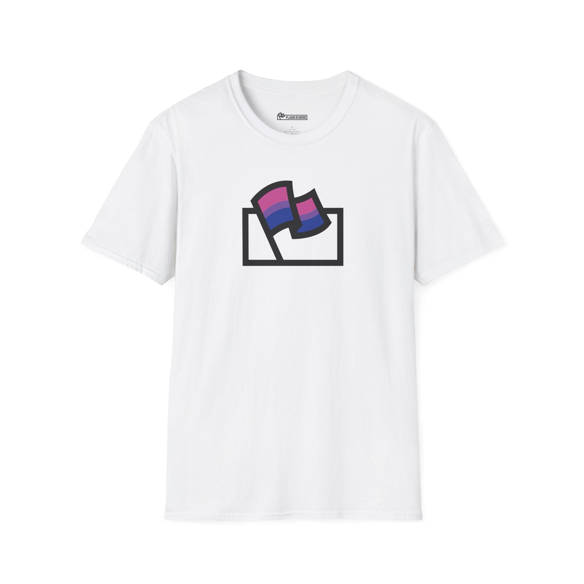 Flags For Good logo with the Bisexual Pride flag inside on a white shirt