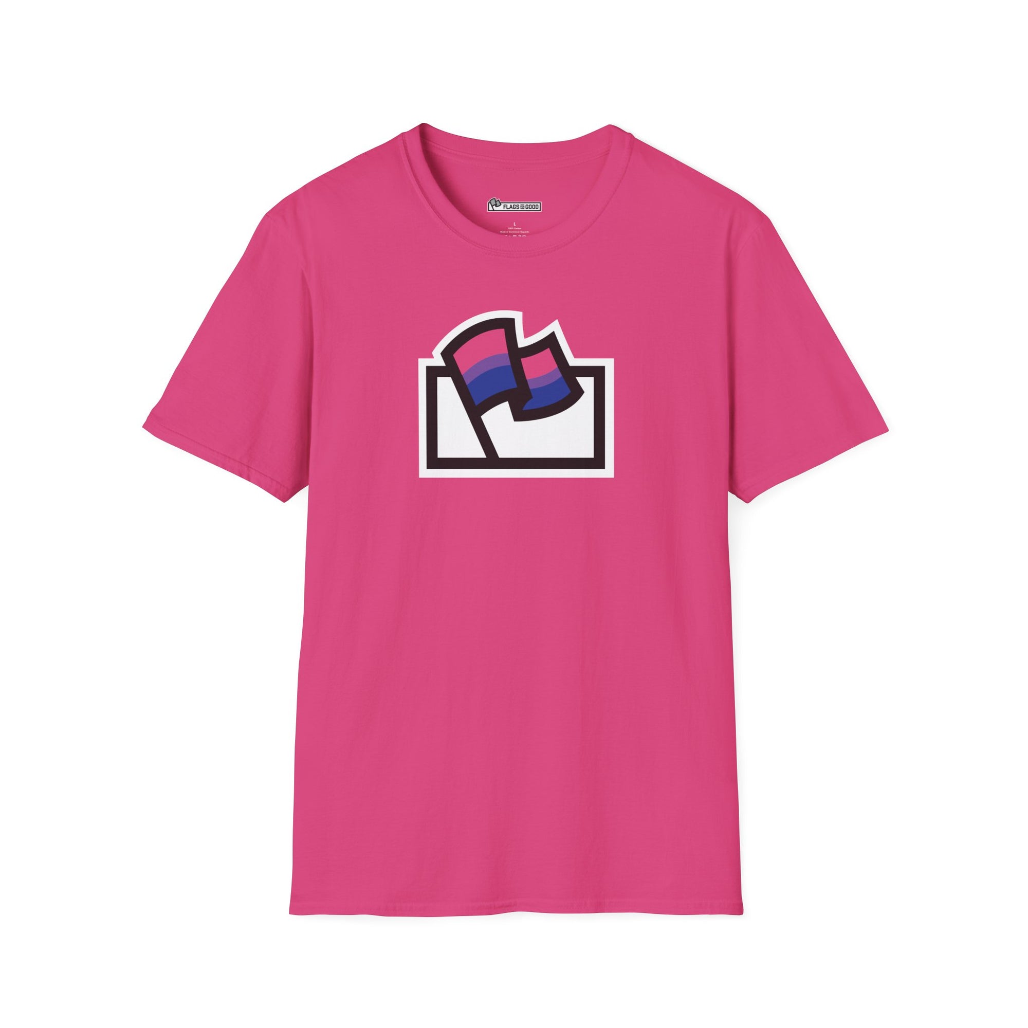 Flags For Good logo with the Bisexual Pride flag inside on a pink shirt